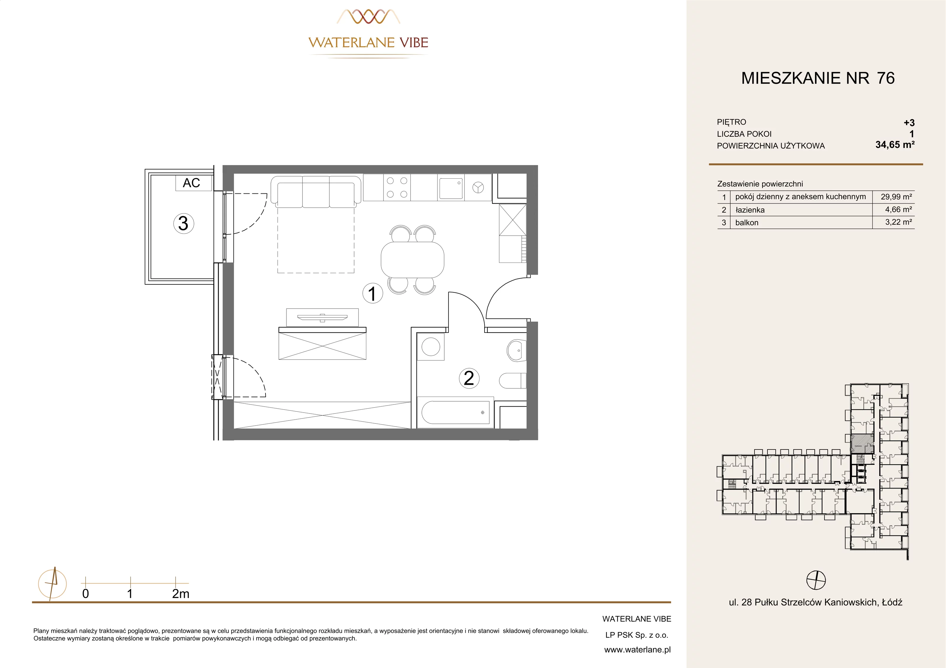 1 pokój, mieszkanie 34,65 m², piętro 3, oferta nr 76, Waterlane Vibe, Łódź, Polesie, Stare Polesie, ul. 28 Pułku Strzelców Kaniowskich 29
