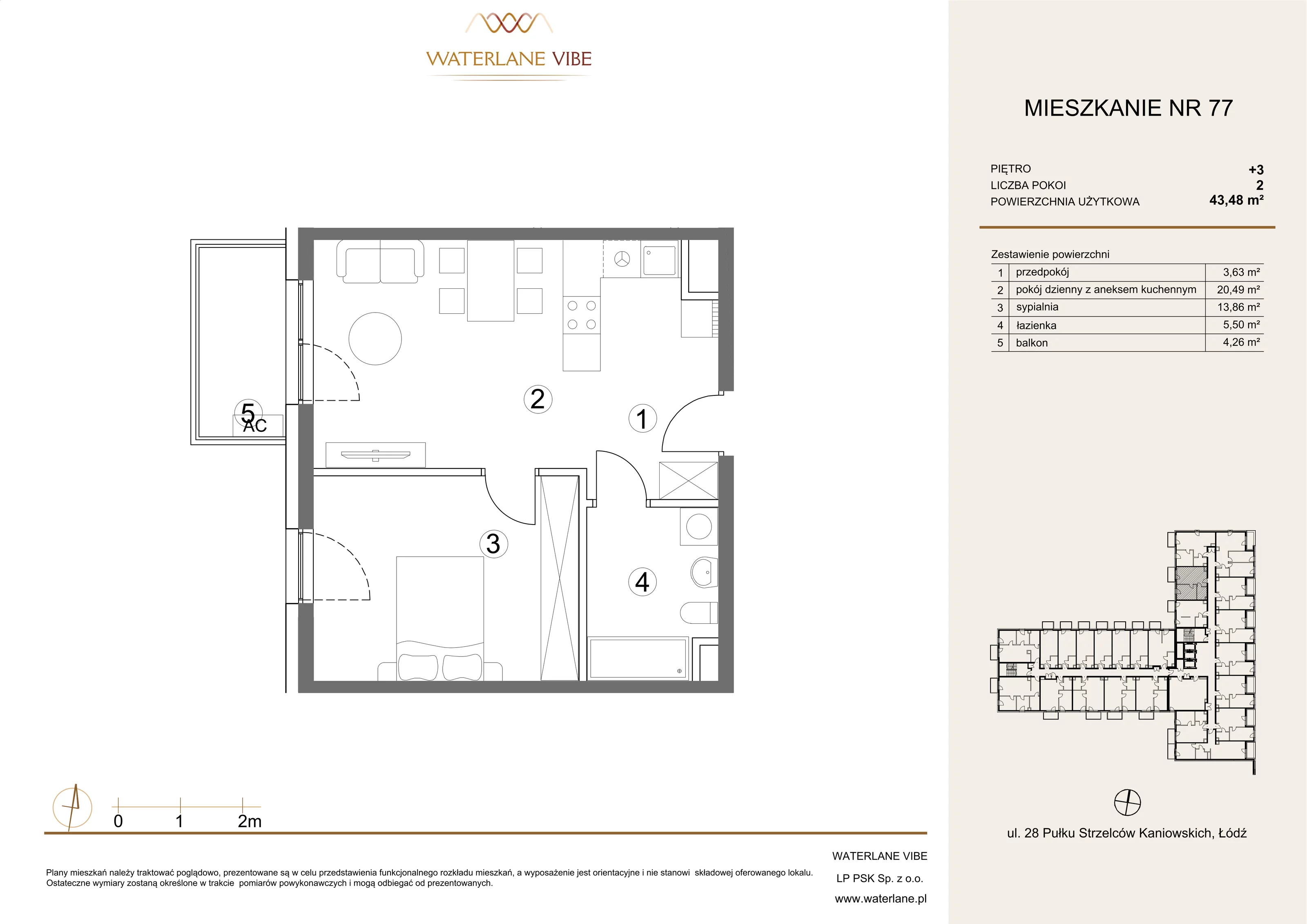 2 pokoje, mieszkanie 43,48 m², piętro 3, oferta nr 77, Waterlane Vibe, Łódź, Polesie, Stare Polesie, ul. 28 Pułku Strzelców Kaniowskich 29