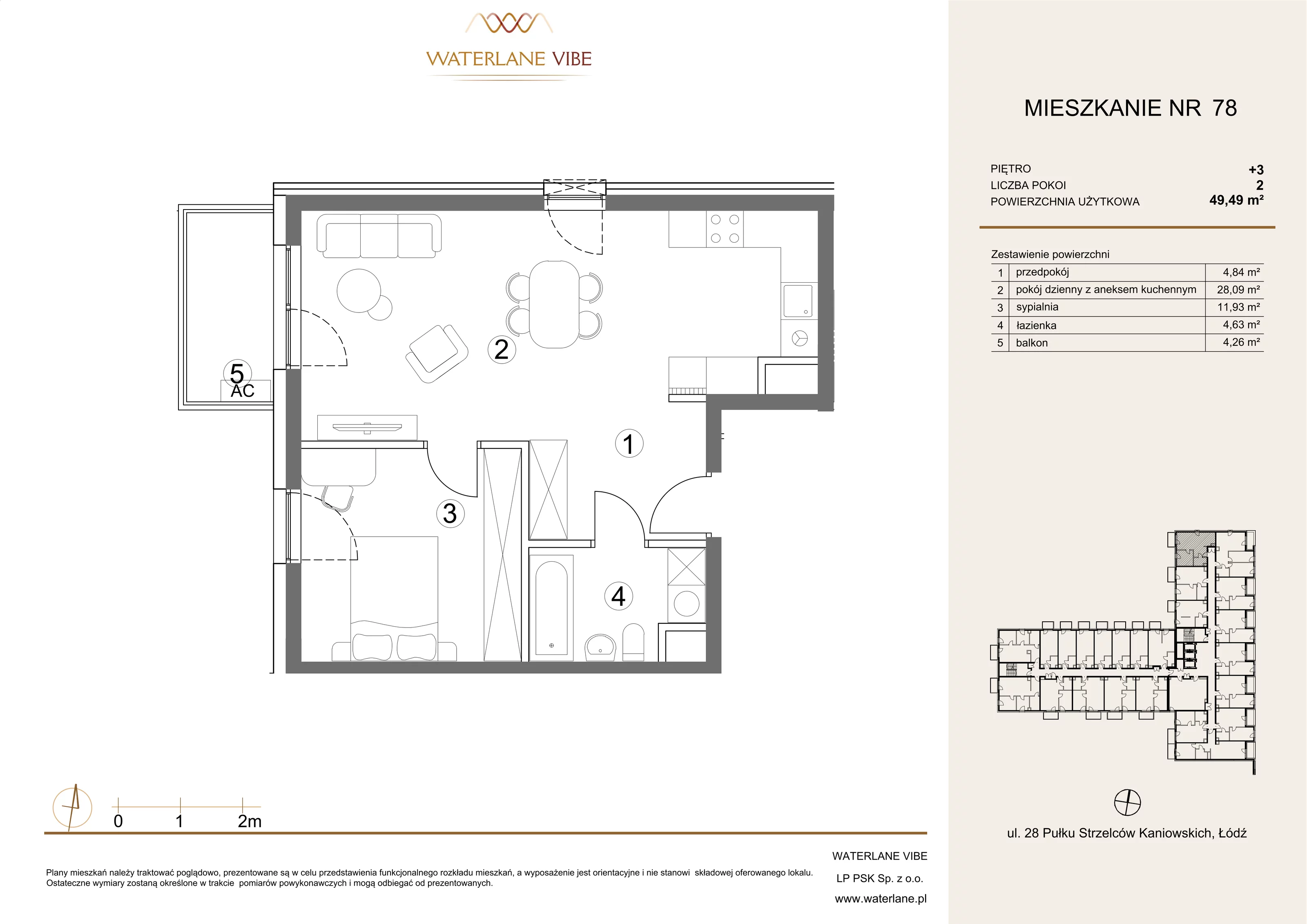 2 pokoje, mieszkanie 49,49 m², piętro 3, oferta nr 78, Waterlane Vibe, Łódź, Polesie, Stare Polesie, ul. 28 Pułku Strzelców Kaniowskich 29