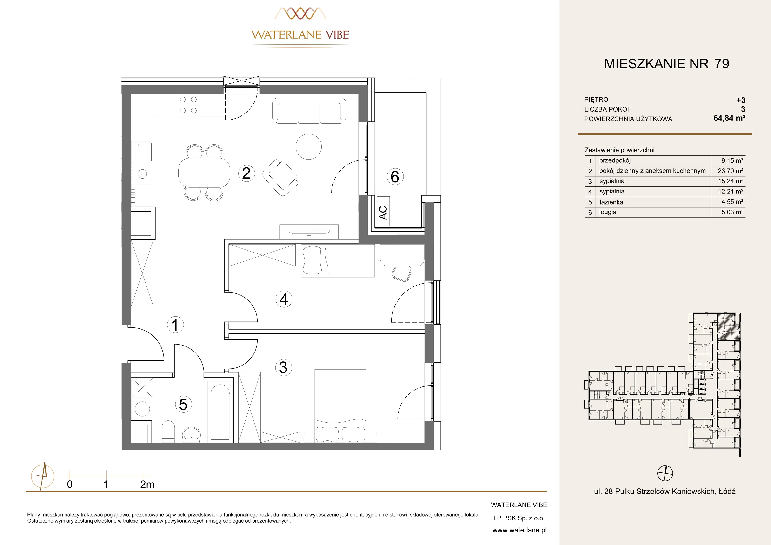 3 pokoje, mieszkanie 64,84 m², piętro 3, oferta nr 79, Waterlane Vibe, Łódź, Polesie, Stare Polesie, ul. 28 Pułku Strzelców Kaniowskich 29