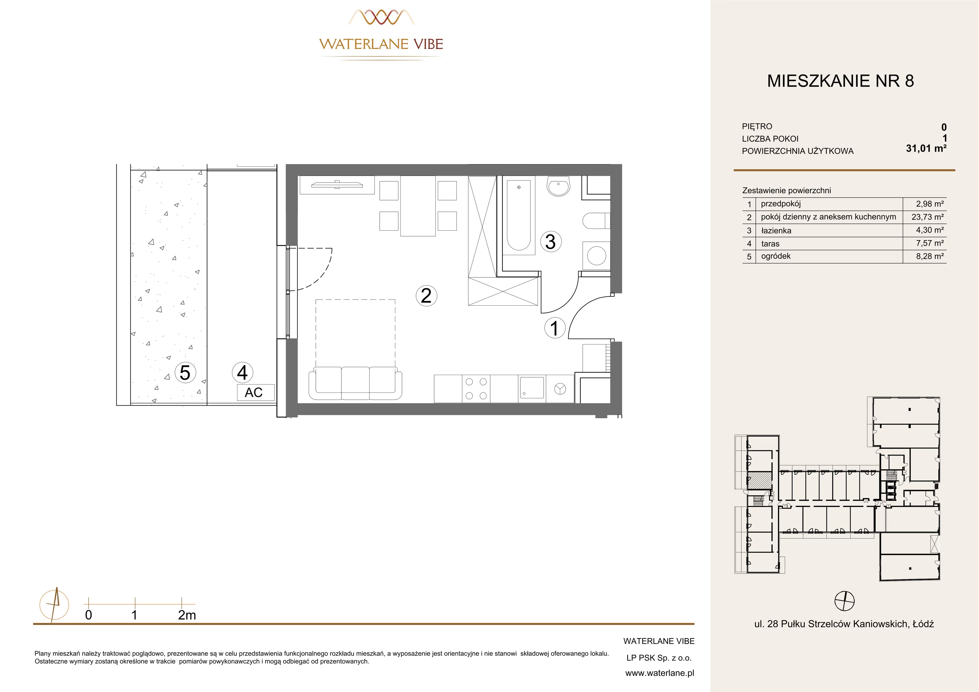 1 pokój, apartament 31,01 m², parter, oferta nr 8, Waterlane Vibe, Łódź, Polesie, Stare Polesie, ul. 28 Pułku Strzelców Kaniowskich 29