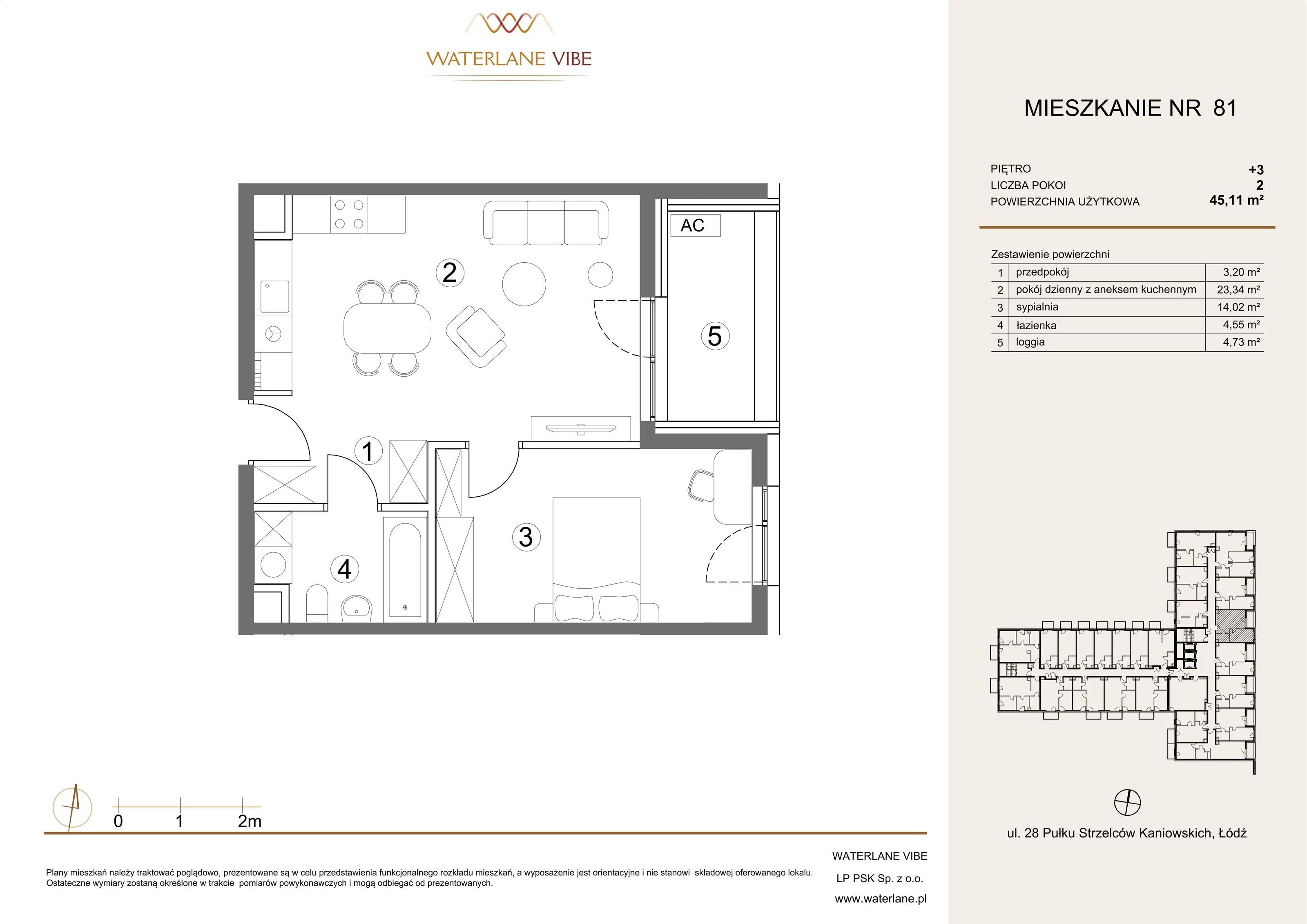2 pokoje, mieszkanie 45,11 m², piętro 3, oferta nr 81, Waterlane Vibe, Łódź, Polesie, Stare Polesie, ul. 28 Pułku Strzelców Kaniowskich 29