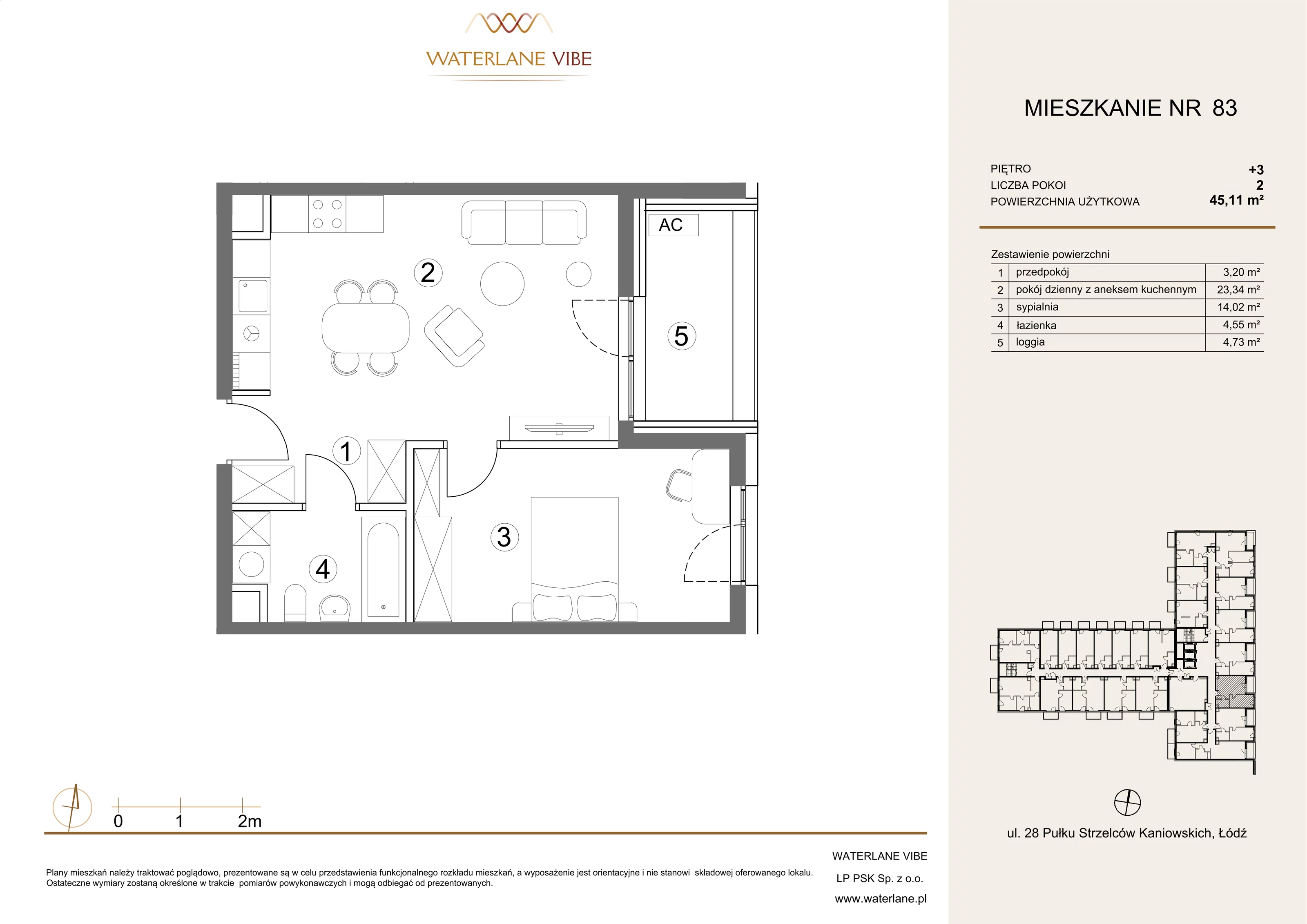 2 pokoje, mieszkanie 45,11 m², piętro 3, oferta nr 83, Waterlane Vibe, Łódź, Polesie, Stare Polesie, ul. 28 Pułku Strzelców Kaniowskich 29
