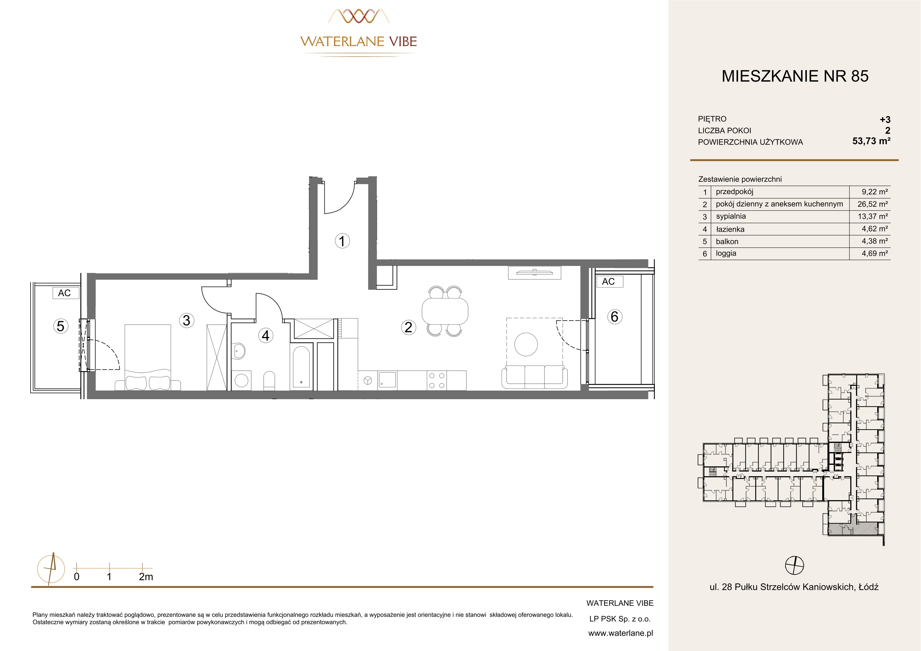 2 pokoje, apartament 53,73 m², piętro 3, oferta nr 85, Waterlane Vibe, Łódź, Polesie, Stare Polesie, ul. 28 Pułku Strzelców Kaniowskich 29