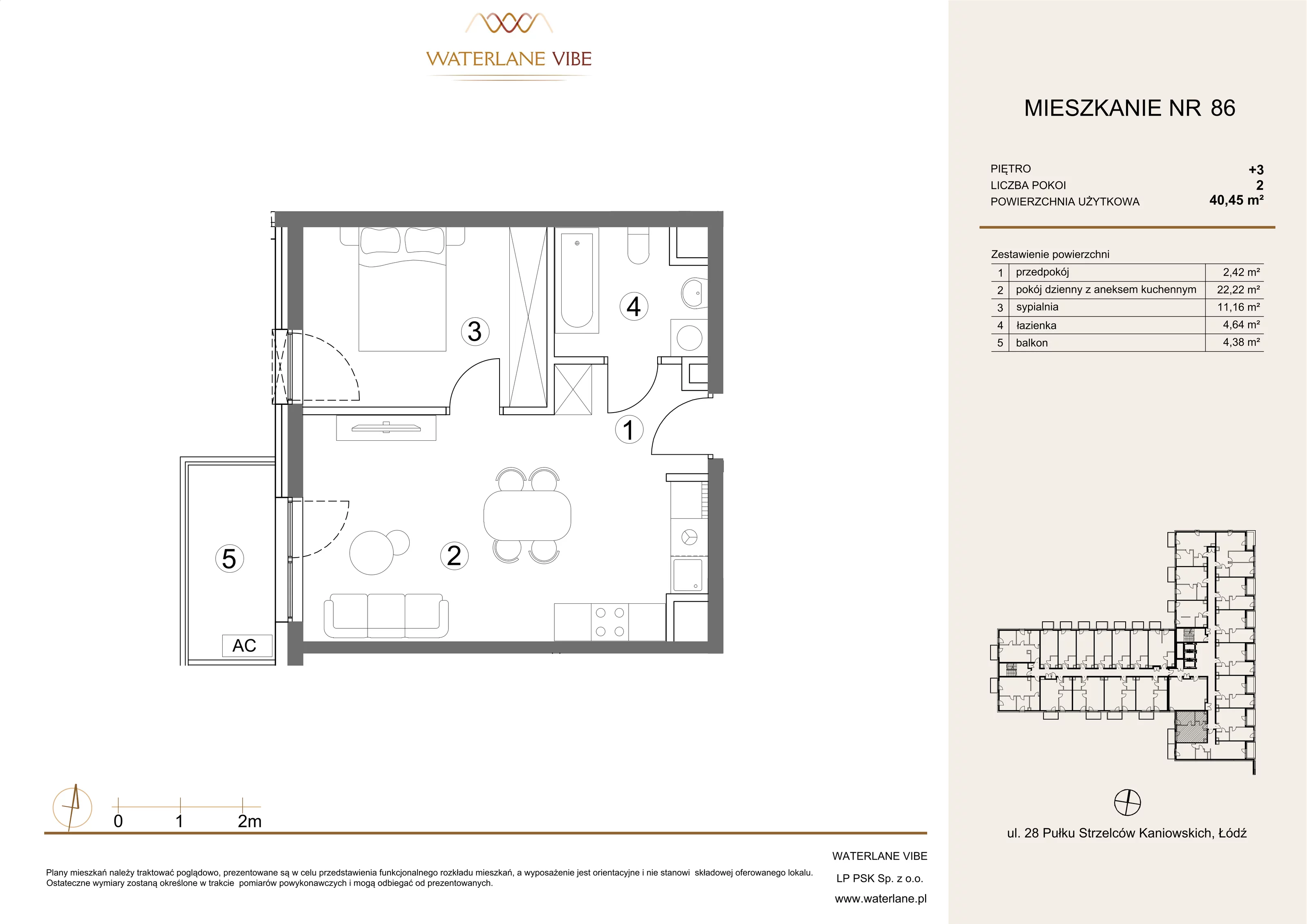 2 pokoje, mieszkanie 40,45 m², piętro 3, oferta nr 86, Waterlane Vibe, Łódź, Polesie, Stare Polesie, ul. 28 Pułku Strzelców Kaniowskich 29