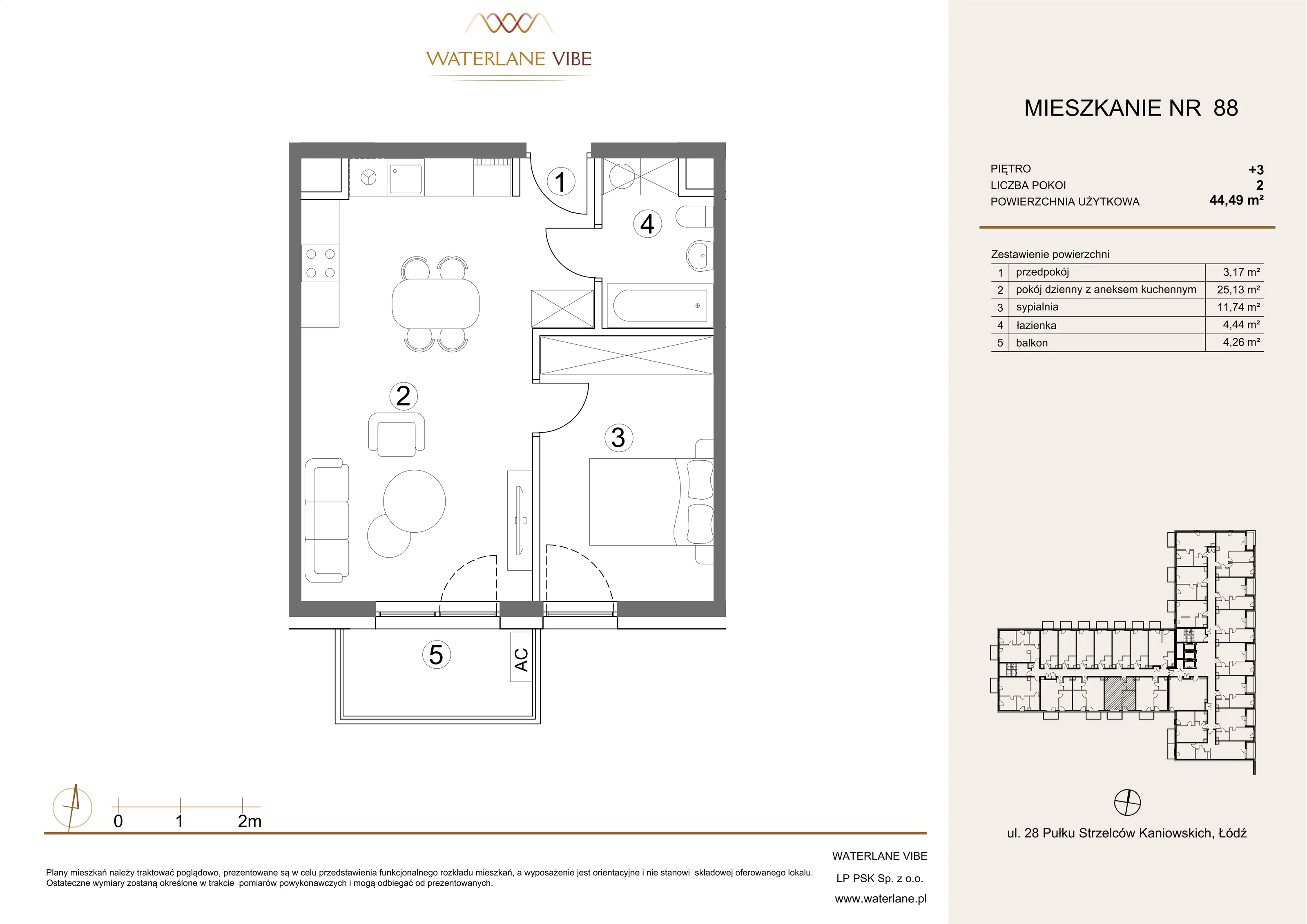 2 pokoje, mieszkanie 44,49 m², piętro 3, oferta nr 88, Waterlane Vibe, Łódź, Polesie, Stare Polesie, ul. 28 Pułku Strzelców Kaniowskich 29