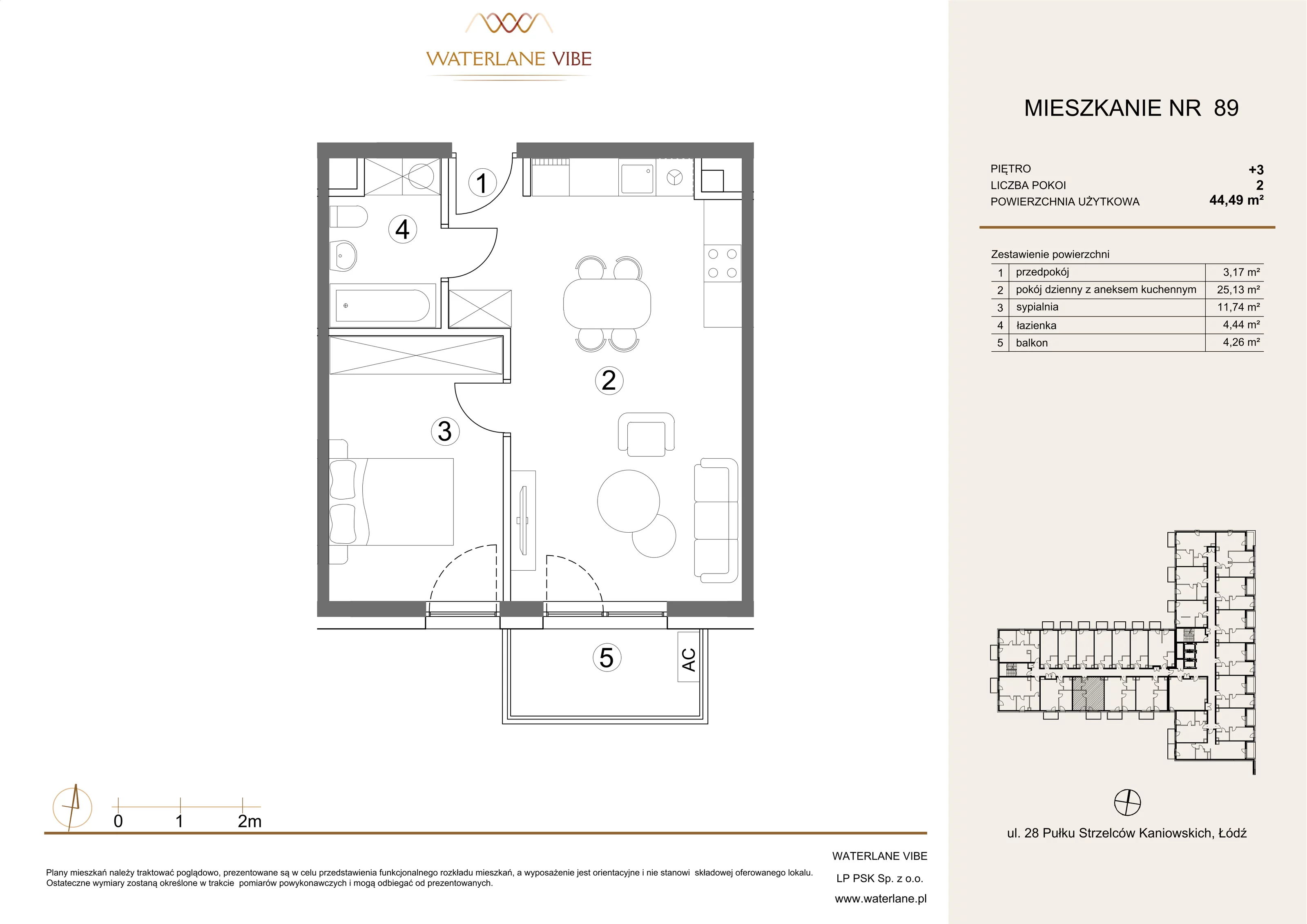 2 pokoje, mieszkanie 44,49 m², piętro 3, oferta nr 89, Waterlane Vibe, Łódź, Polesie, Stare Polesie, ul. 28 Pułku Strzelców Kaniowskich 29