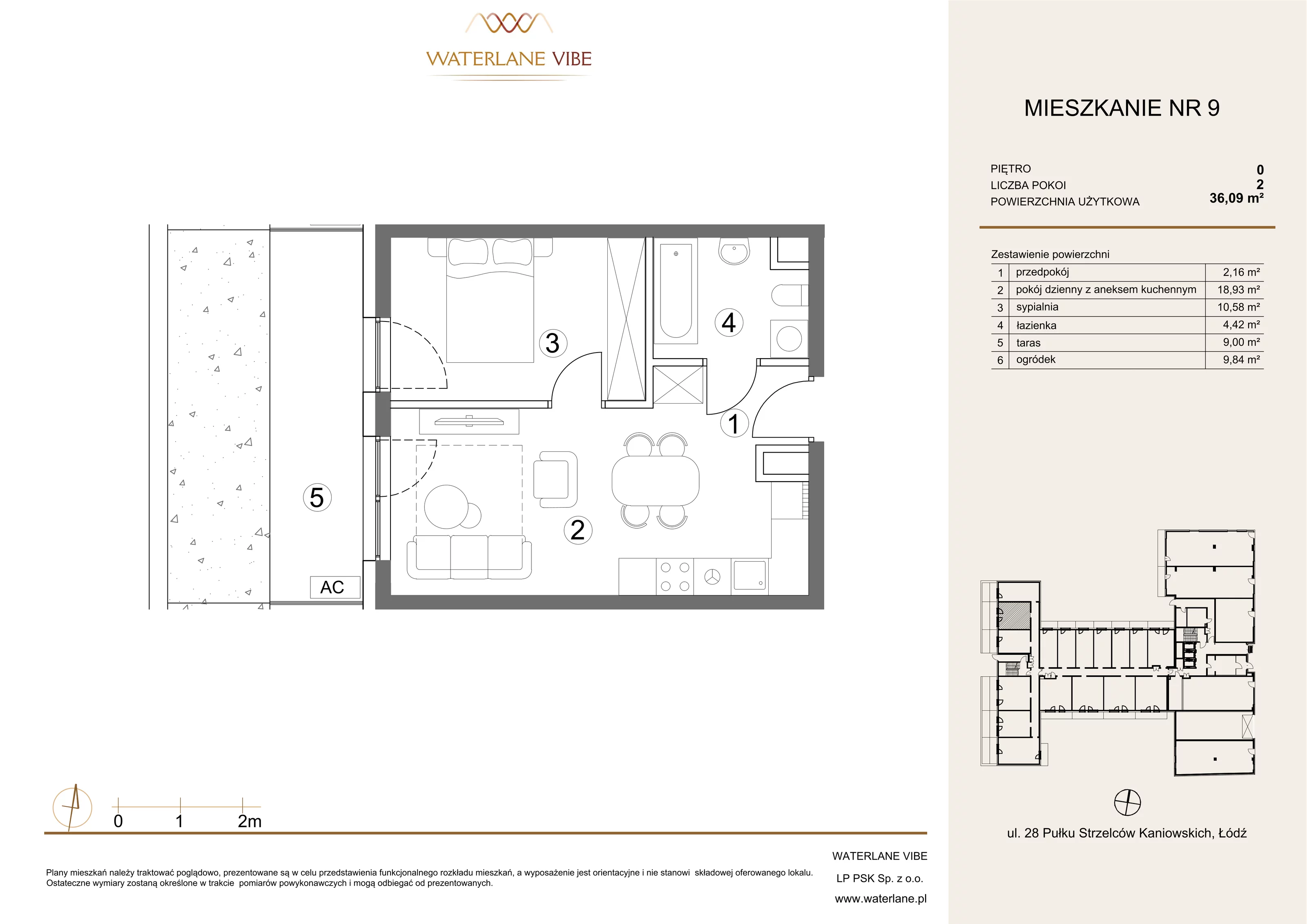 2 pokoje, apartament 36,09 m², parter, oferta nr 9, Waterlane Vibe, Łódź, Polesie, Stare Polesie, ul. 28 Pułku Strzelców Kaniowskich 29