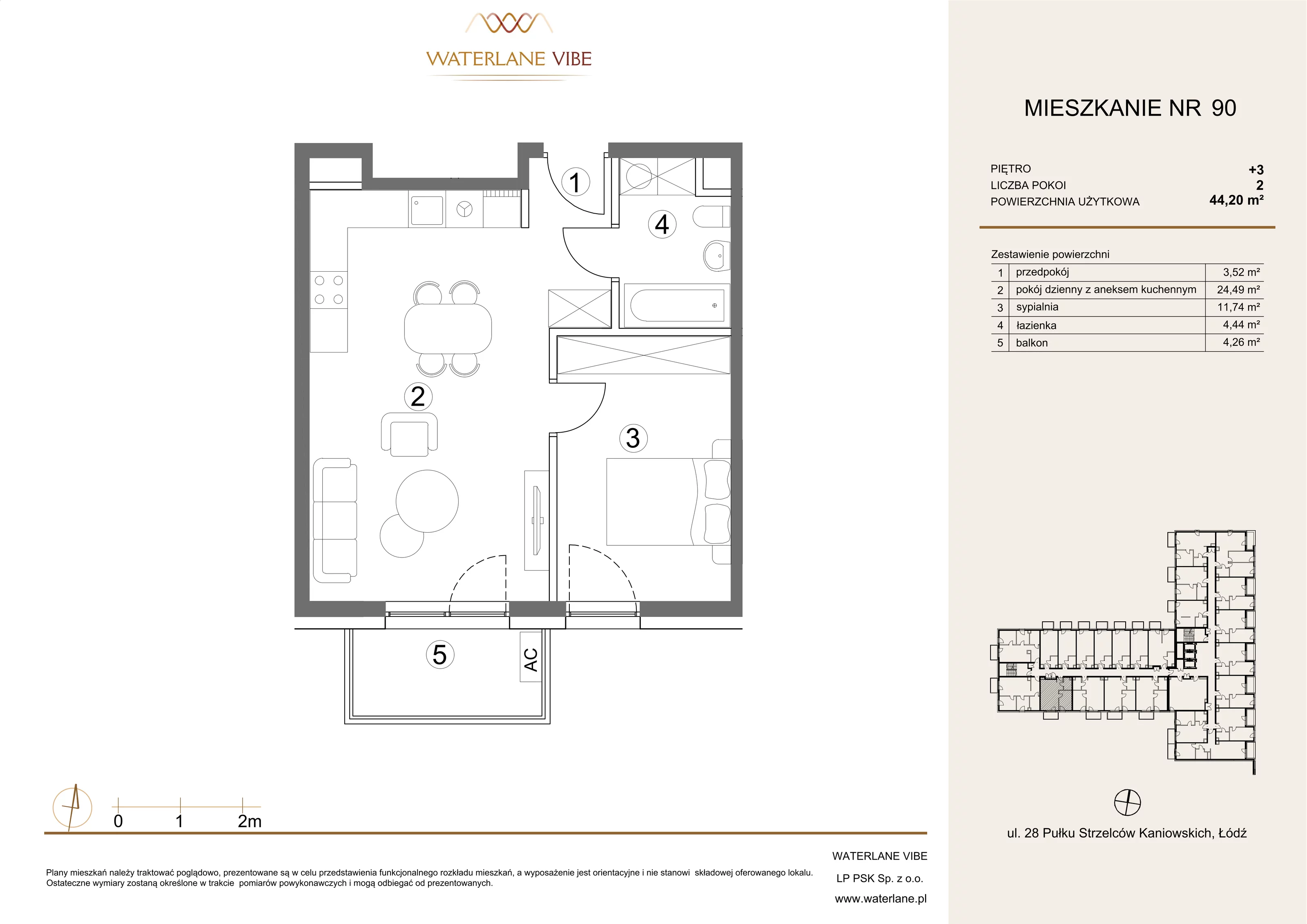 2 pokoje, mieszkanie 44,20 m², piętro 3, oferta nr 90, Waterlane Vibe, Łódź, Polesie, Stare Polesie, ul. 28 Pułku Strzelców Kaniowskich 29