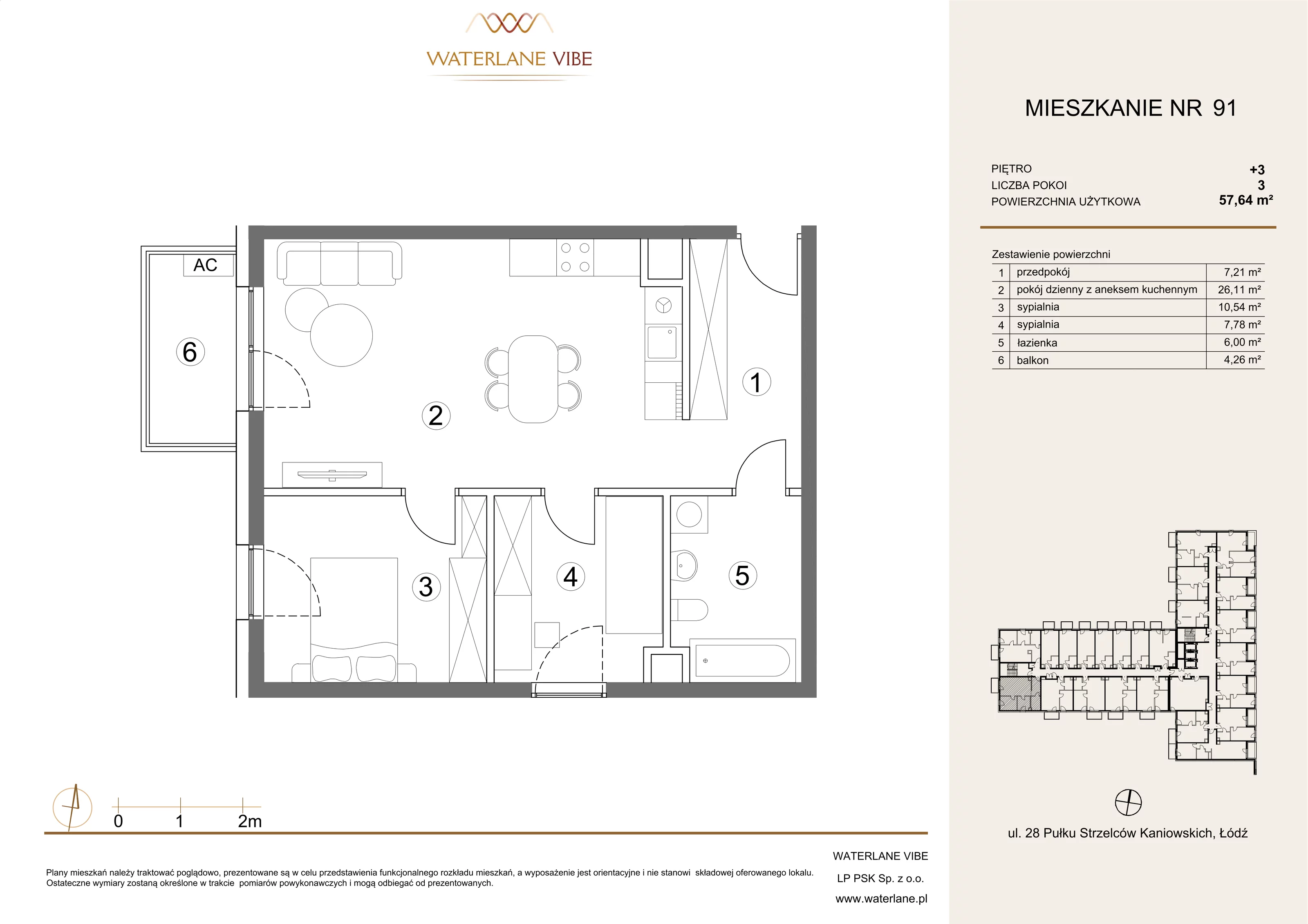 3 pokoje, apartament 57,64 m², piętro 3, oferta nr 91, Waterlane Vibe, Łódź, Polesie, Stare Polesie, ul. 28 Pułku Strzelców Kaniowskich 29