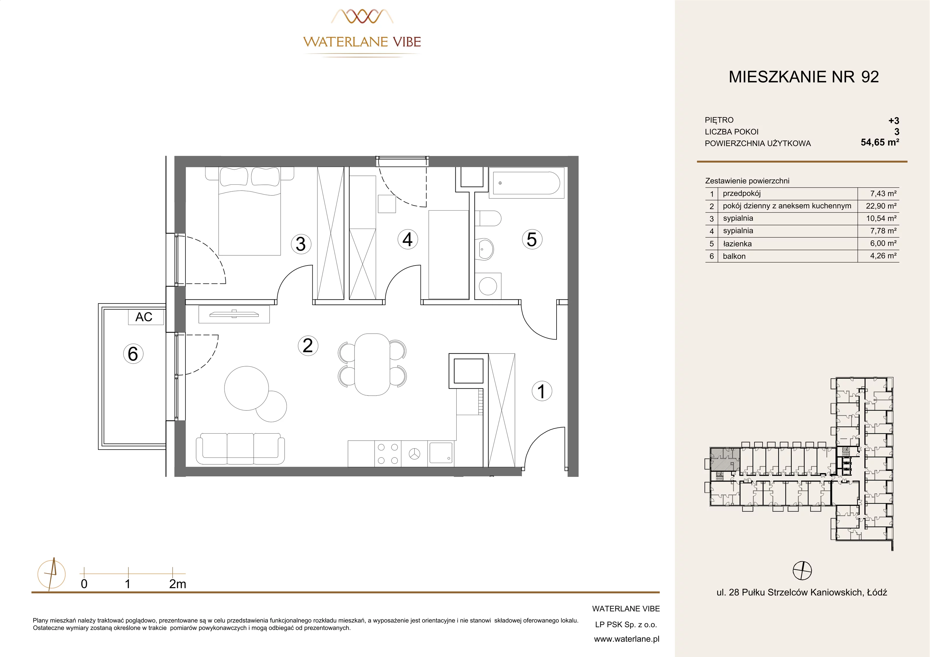 3 pokoje, apartament 54,65 m², piętro 3, oferta nr 92, Waterlane Vibe, Łódź, Polesie, Stare Polesie, ul. 28 Pułku Strzelców Kaniowskich 29