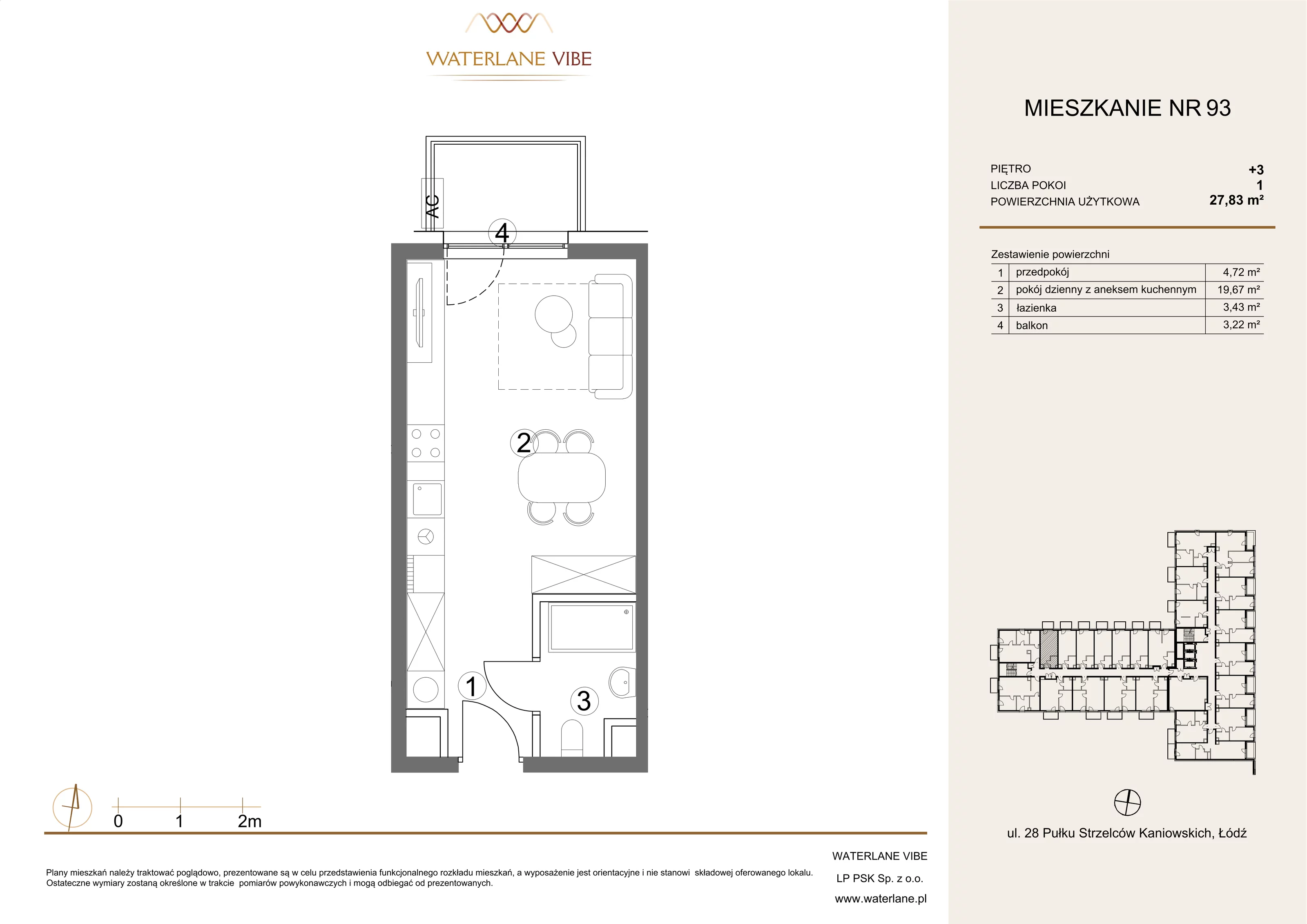 1 pokój, mieszkanie 27,83 m², piętro 3, oferta nr 93, Waterlane Vibe, Łódź, Polesie, Stare Polesie, ul. 28 Pułku Strzelców Kaniowskich 29