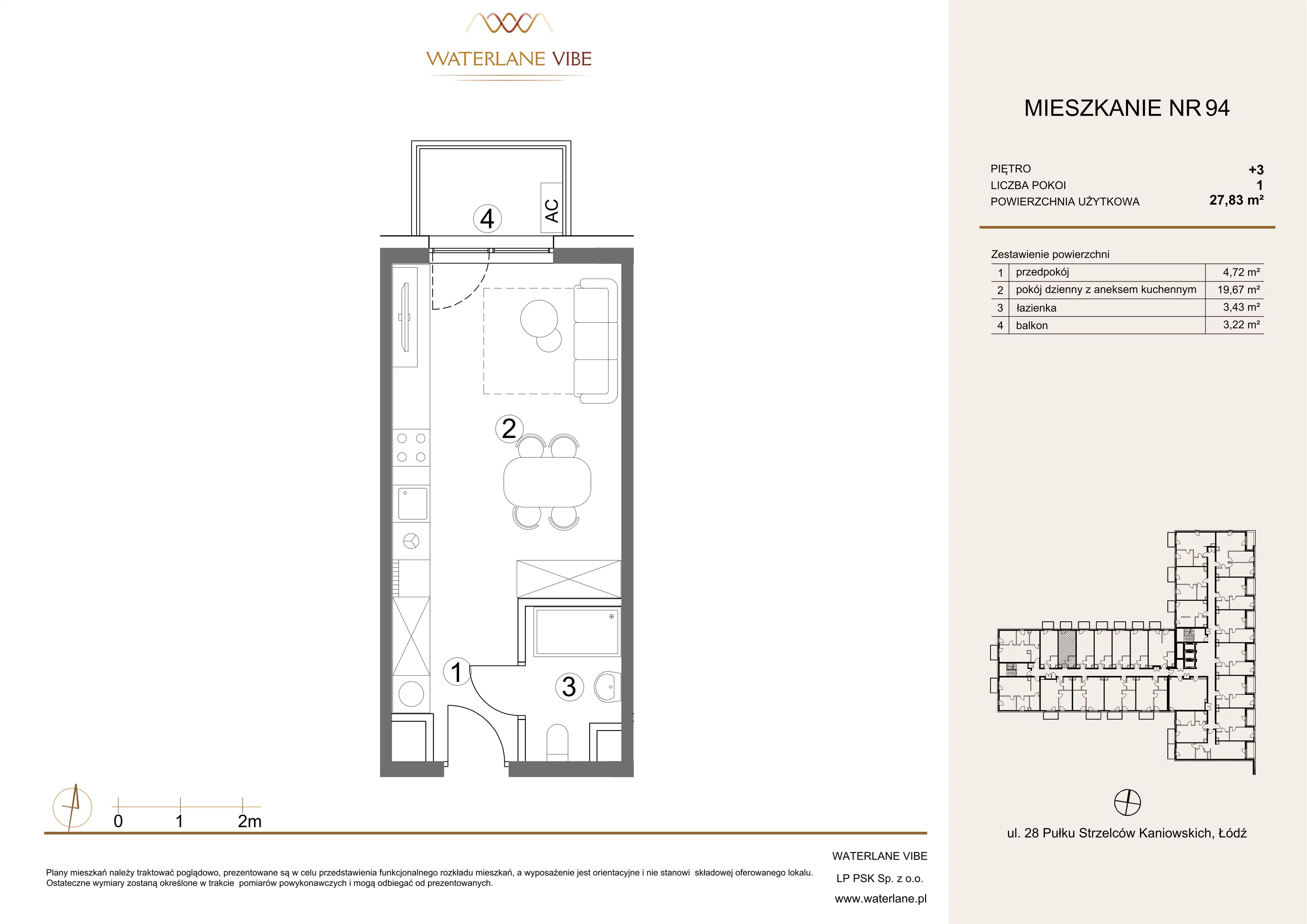 1 pokój, mieszkanie 27,83 m², piętro 3, oferta nr 94, Waterlane Vibe, Łódź, Polesie, Stare Polesie, ul. 28 Pułku Strzelców Kaniowskich 29