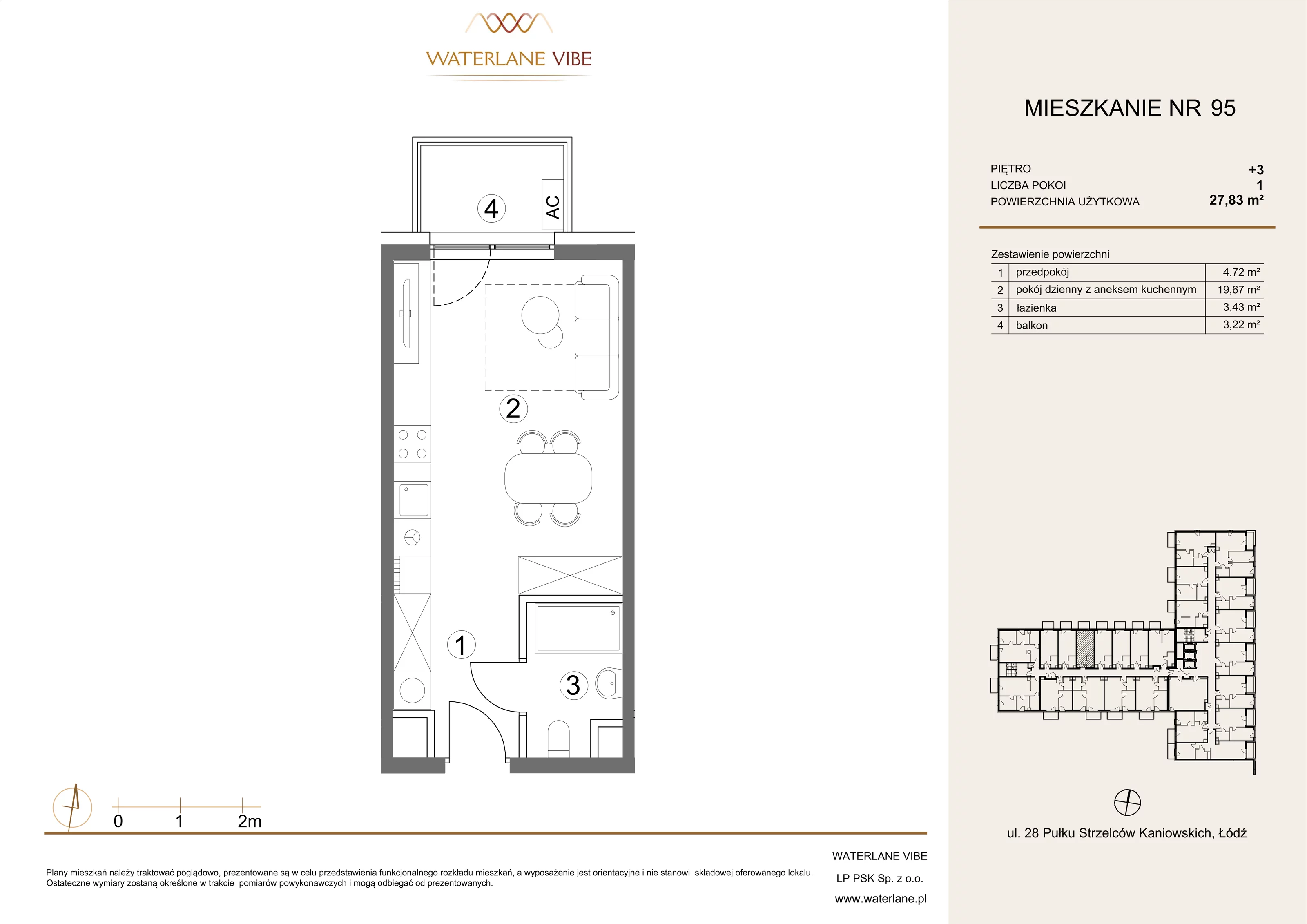 1 pokój, mieszkanie 27,83 m², piętro 3, oferta nr 95, Waterlane Vibe, Łódź, Polesie, Stare Polesie, ul. 28 Pułku Strzelców Kaniowskich 29