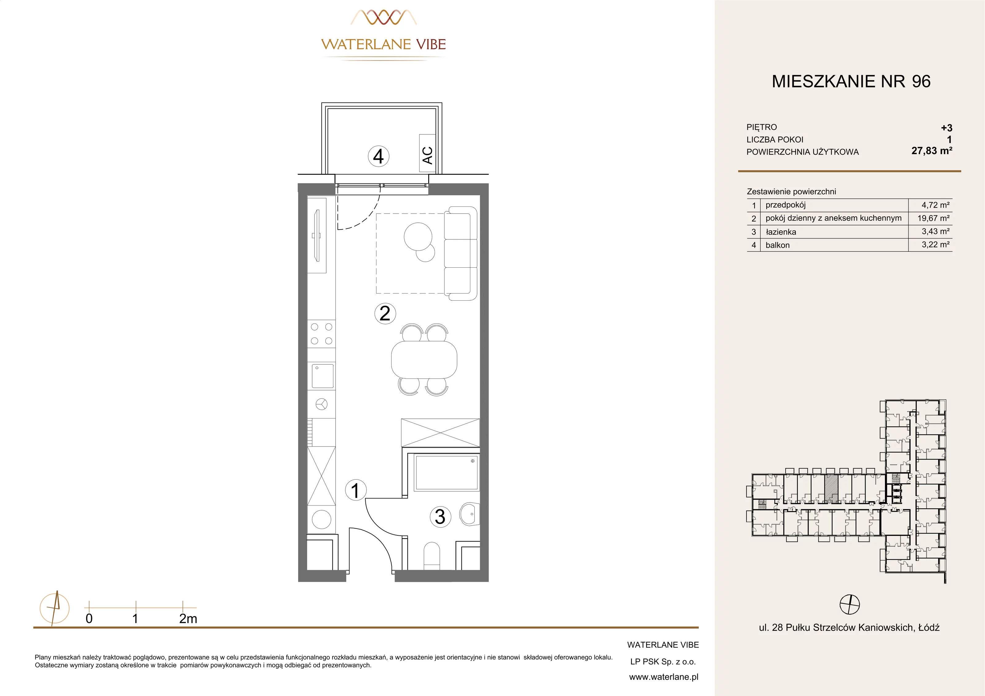 1 pokój, mieszkanie 27,83 m², piętro 3, oferta nr 96, Waterlane Vibe, Łódź, Polesie, Stare Polesie, ul. 28 Pułku Strzelców Kaniowskich 29