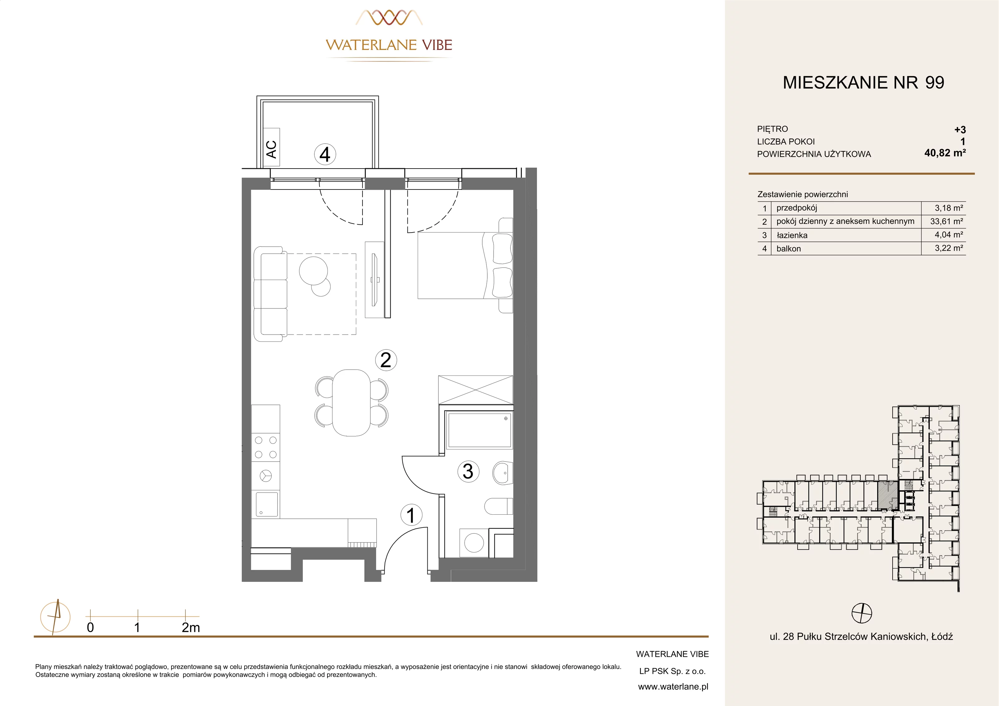 1 pokój, mieszkanie 40,82 m², piętro 3, oferta nr 99, Waterlane Vibe, Łódź, Polesie, Stare Polesie, ul. 28 Pułku Strzelców Kaniowskich 29