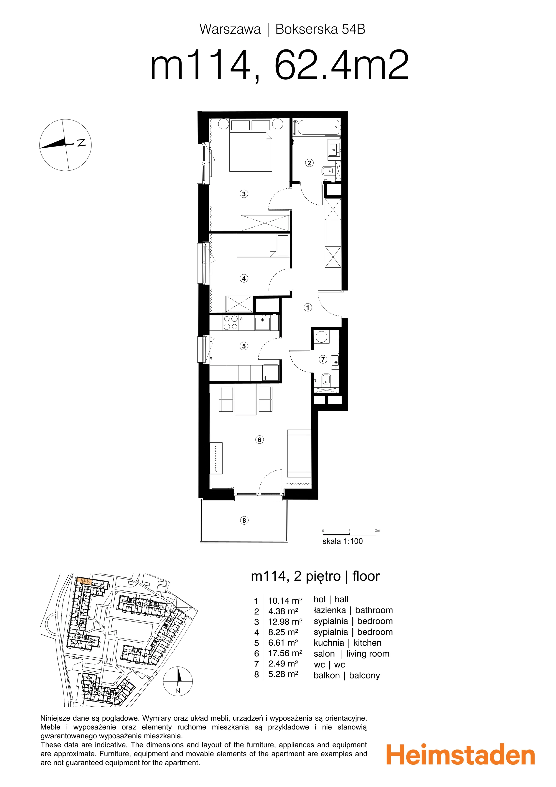 3 pokoje, mieszkanie 64,20 m², piętro 2, oferta nr M114, Moko Botanika, Warszawa, Mokotów, Służewiec, ul. Bokserska 54, 54A, 54B