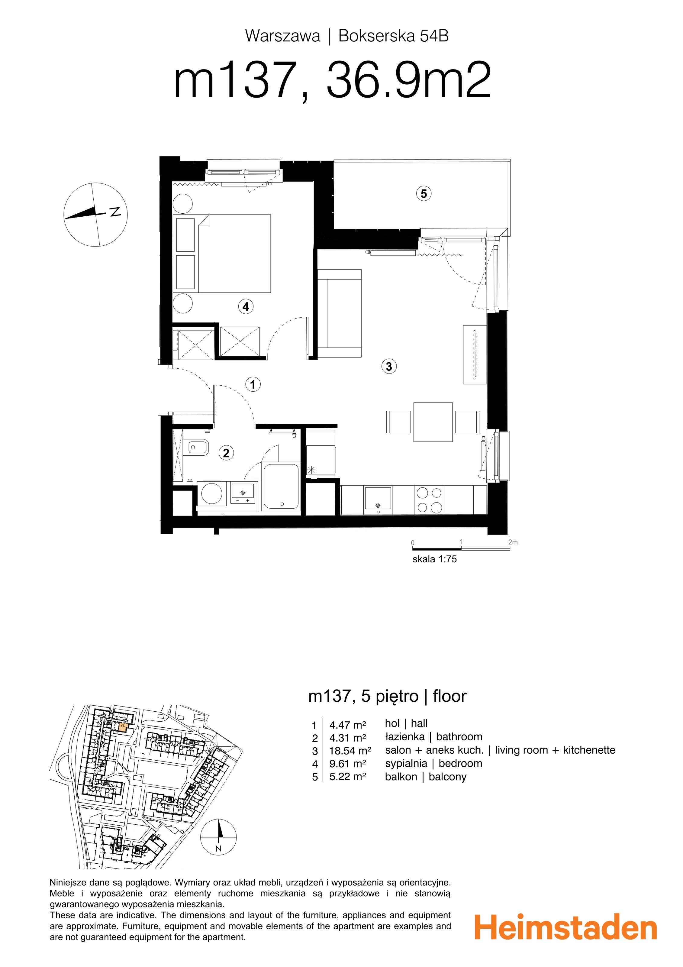 2 pokoje, mieszkanie 37,88 m², piętro 5, oferta nr M137, Moko Botanika, Warszawa, Mokotów, Służewiec, ul. Bokserska 54, 54A, 54B