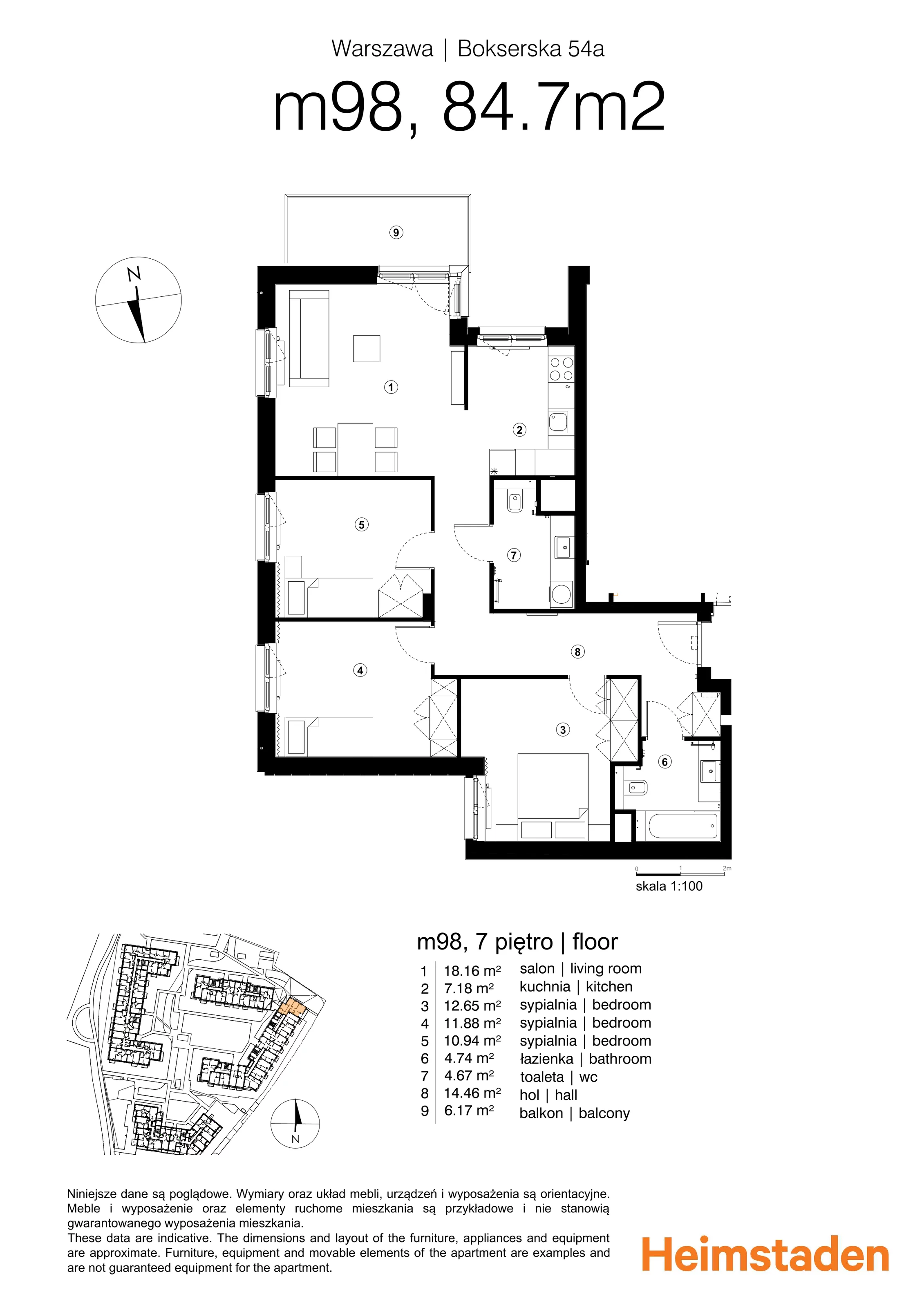 4 pokoje, mieszkanie 87,58 m², piętro 7, oferta nr M98, Moko Botanika, Warszawa, Mokotów, Służewiec, ul. Bokserska 54, 54A, 54B