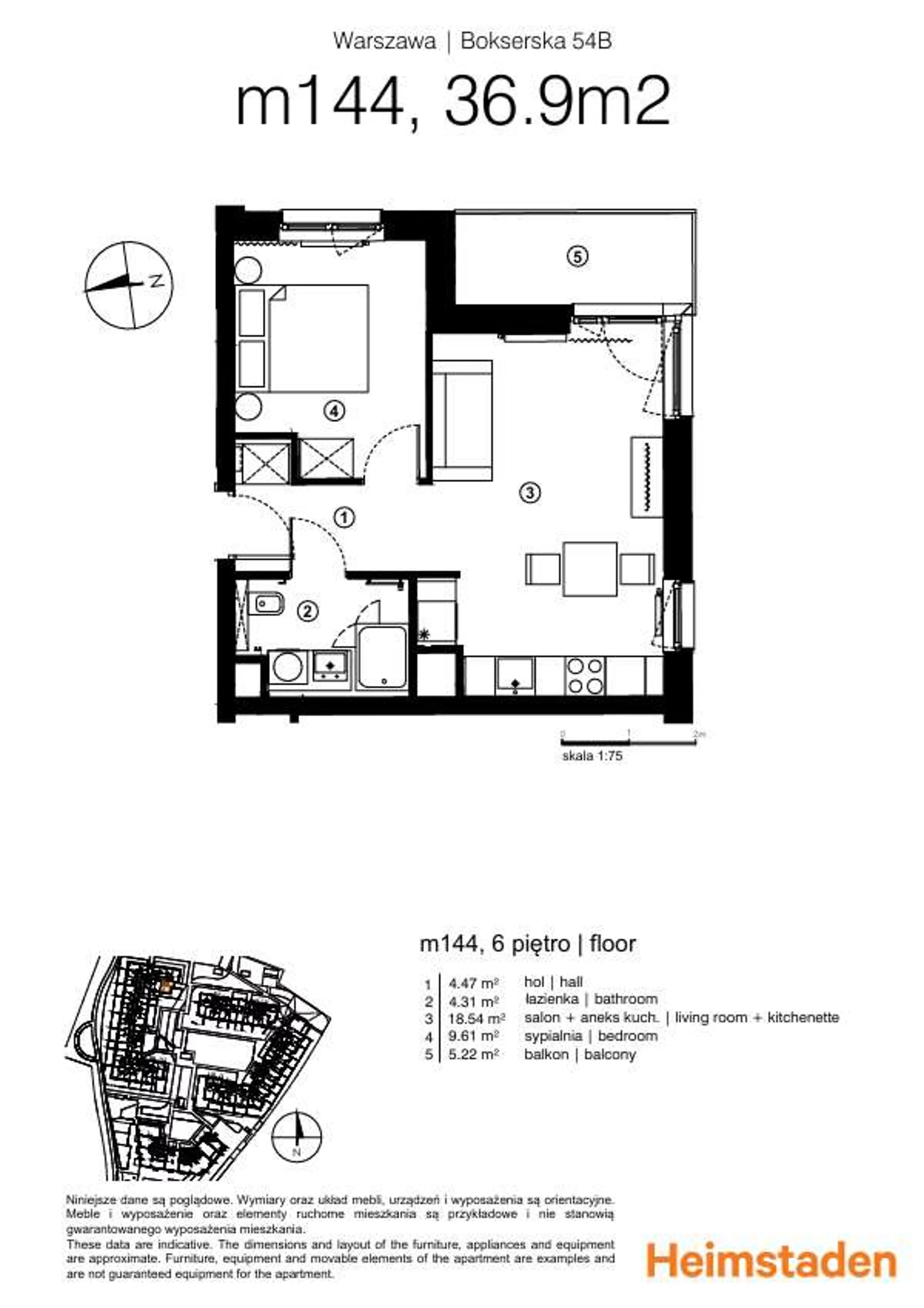 2 pokoje, mieszkanie 37,97 m², piętro 6, oferta nr M144, Moko Botanika, Warszawa, Mokotów, Służewiec, ul. Bokserska 54, 54A, 54B