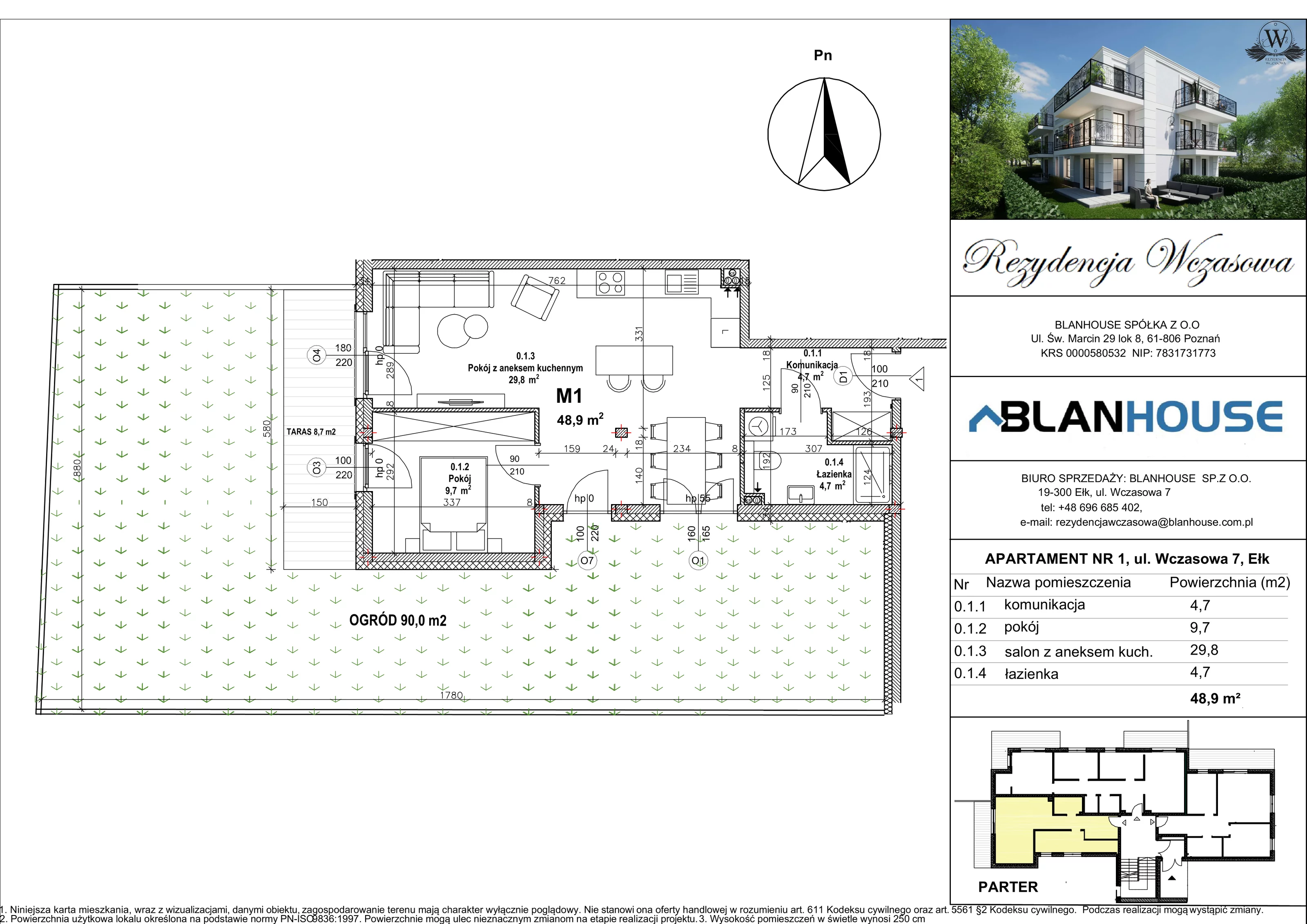 2 pokoje, apartament 48,90 m², parter, oferta nr 1, Rezydencja Wczasowa, Ełk, Szyba, ul. Wczasowa 7