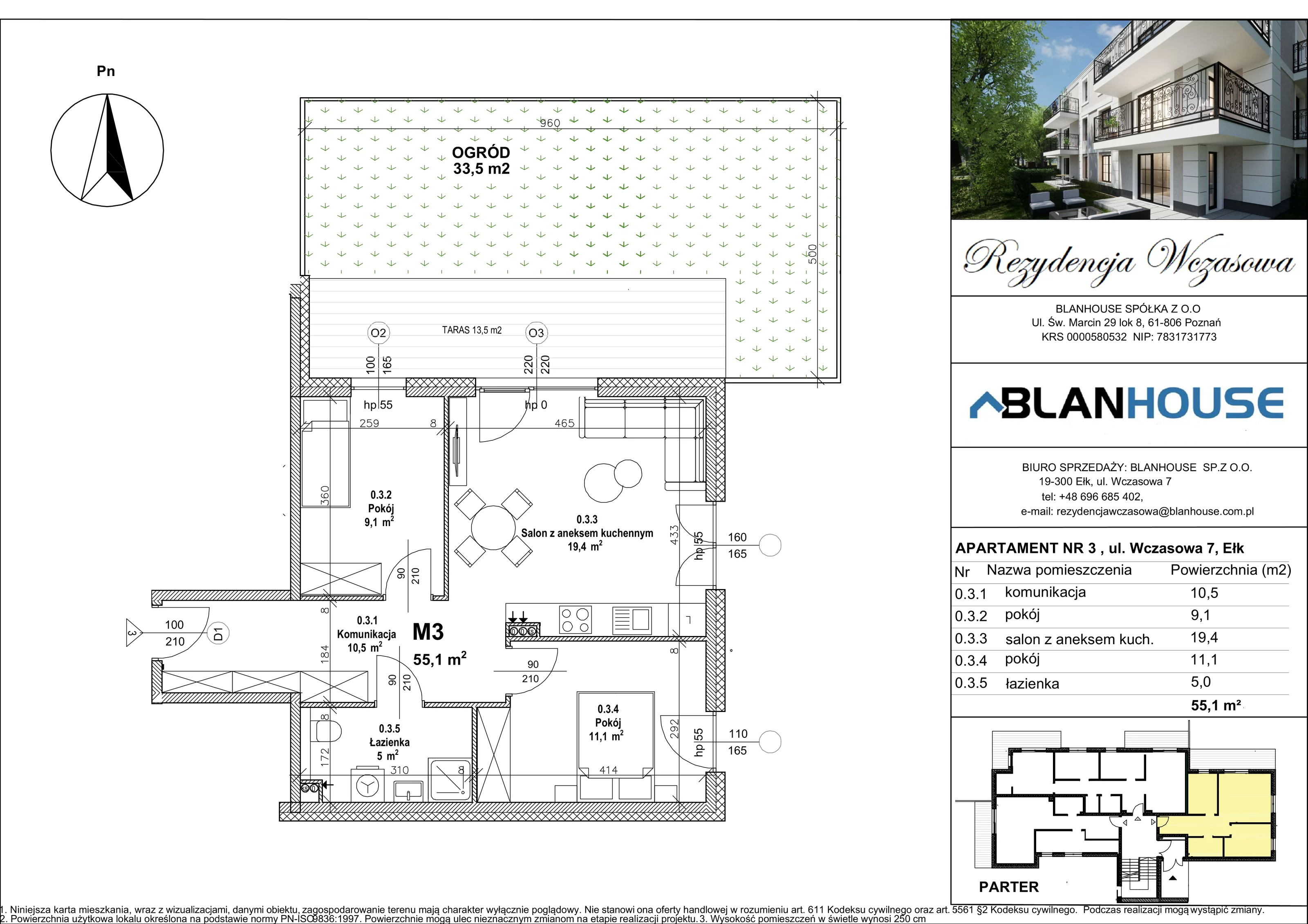 3 pokoje, apartament 55,10 m², parter, oferta nr 3, Rezydencja Wczasowa, Ełk, Szyba, ul. Wczasowa 7