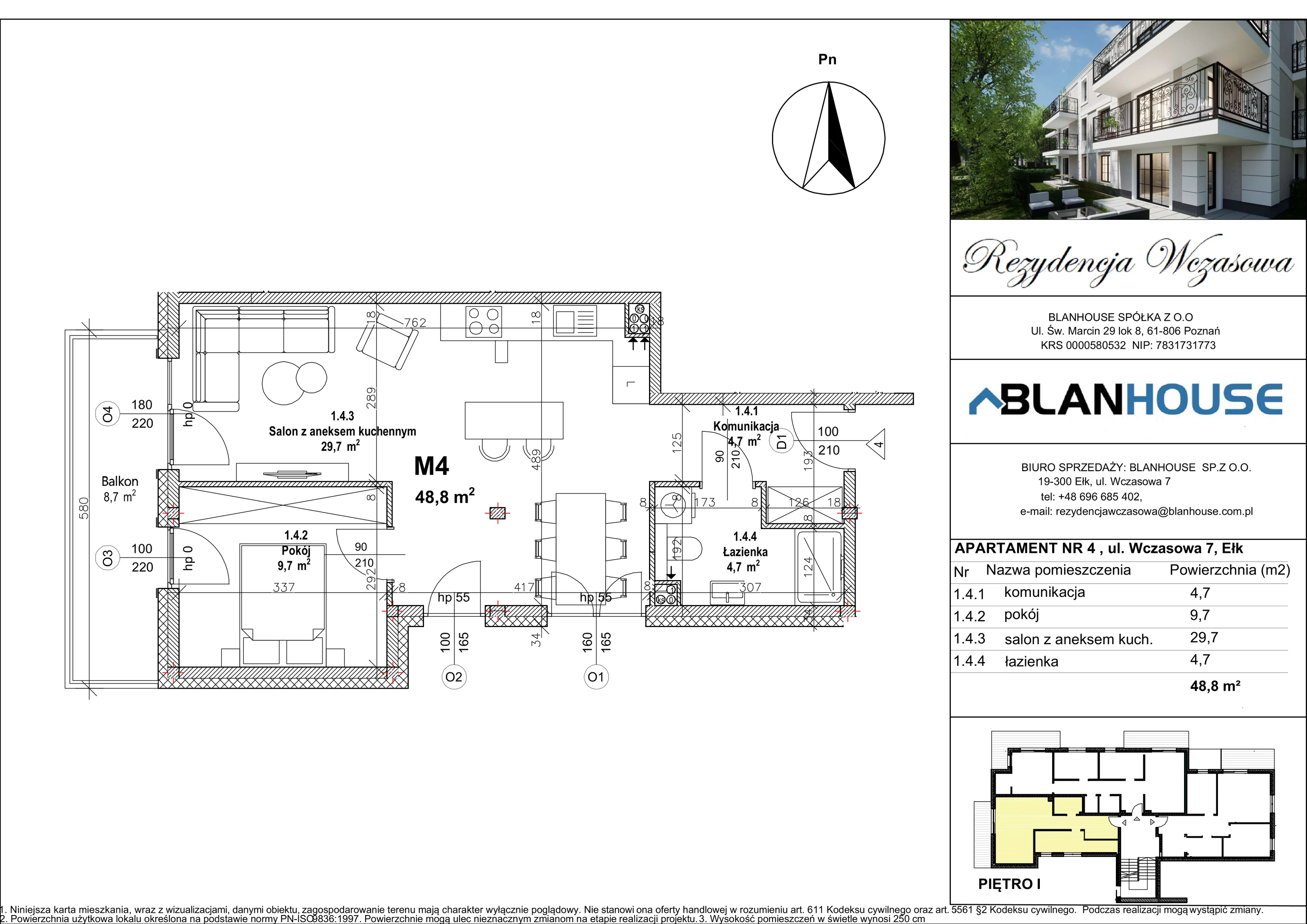2 pokoje, apartament 48,80 m², piętro 1, oferta nr 4, Rezydencja Wczasowa, Ełk, Szyba, ul. Wczasowa 7