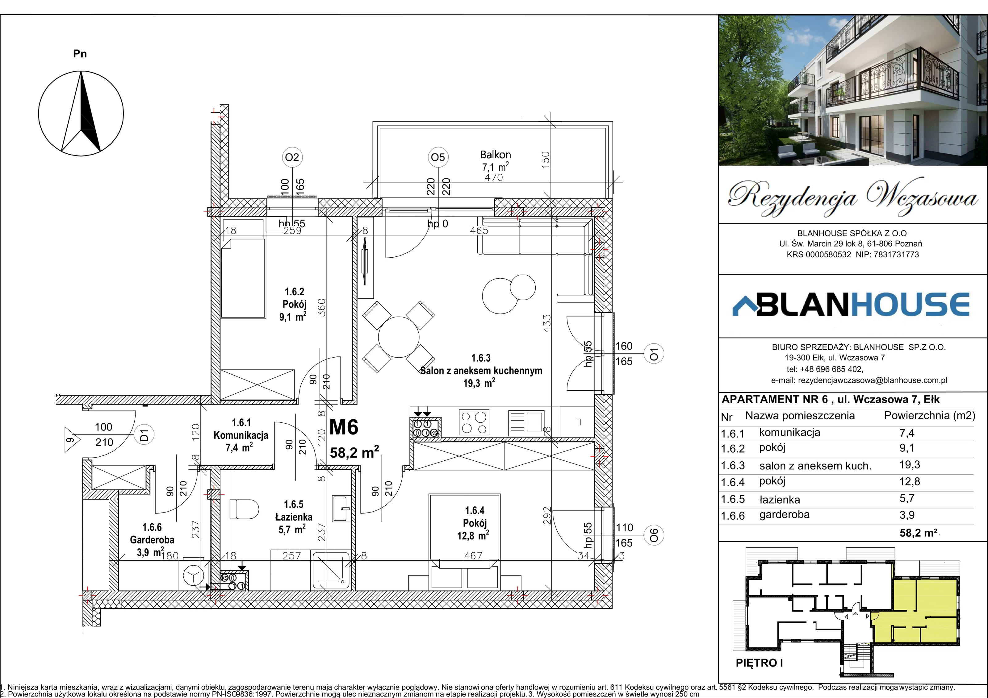 3 pokoje, apartament 58,20 m², piętro 1, oferta nr 6, Rezydencja Wczasowa, Ełk, Szyba, ul. Wczasowa 7