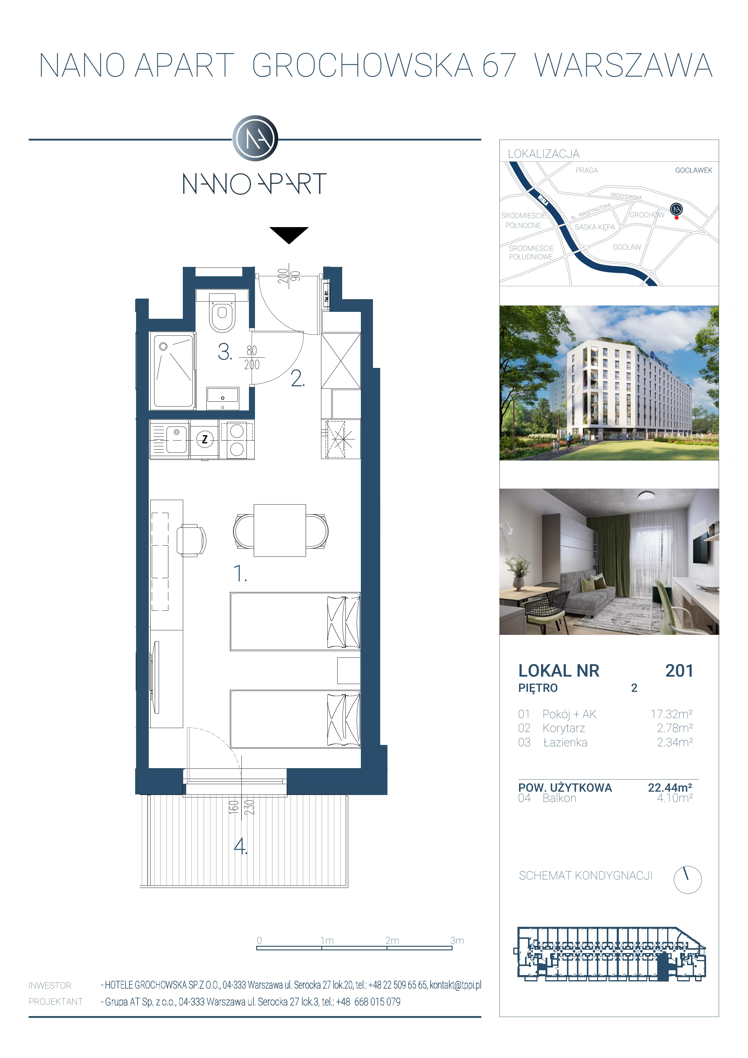 1 pokój, apartament 22,44 m², piętro 2, oferta nr 201, Nano Apart, Warszawa, Praga Południe, Gocławek, ul. Grochowska 63