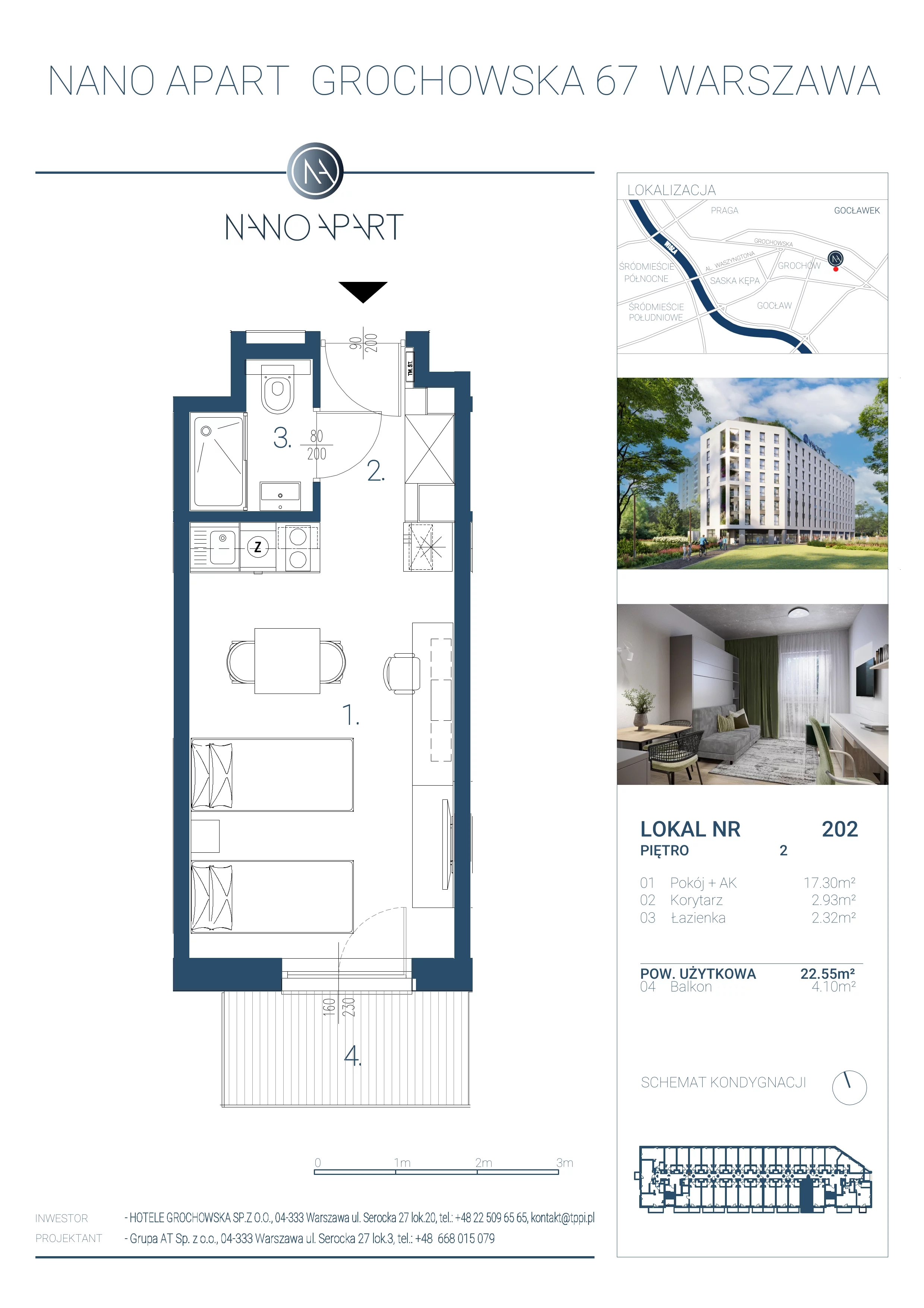 1 pokój, apartament 22,55 m², piętro 2, oferta nr 202, Nano Apart, Warszawa, Praga Południe, Gocławek, ul. Grochowska 63