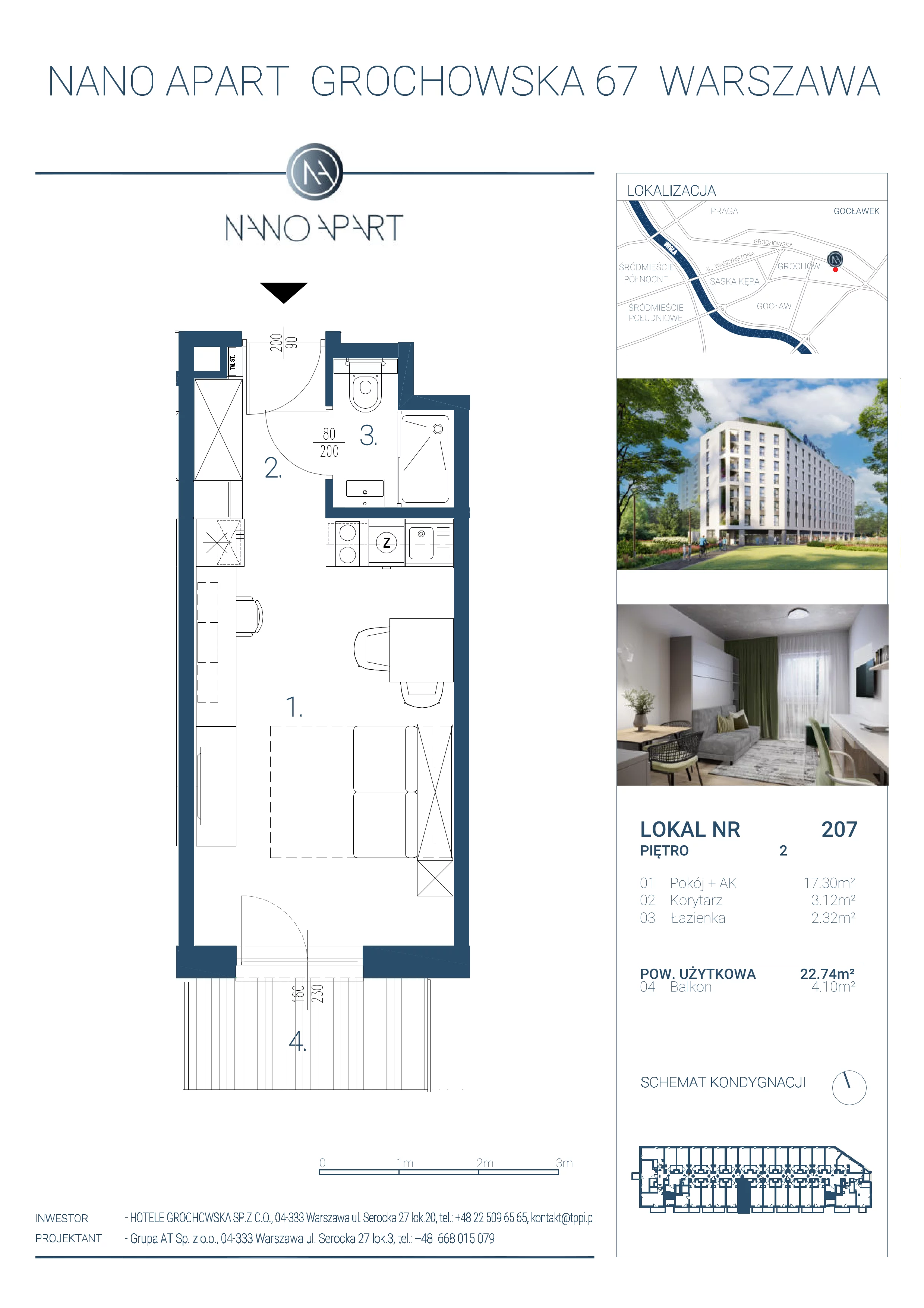 1 pokój, apartament 22,74 m², piętro 2, oferta nr 207, Nano Apart, Warszawa, Praga Południe, Gocławek, ul. Grochowska 63