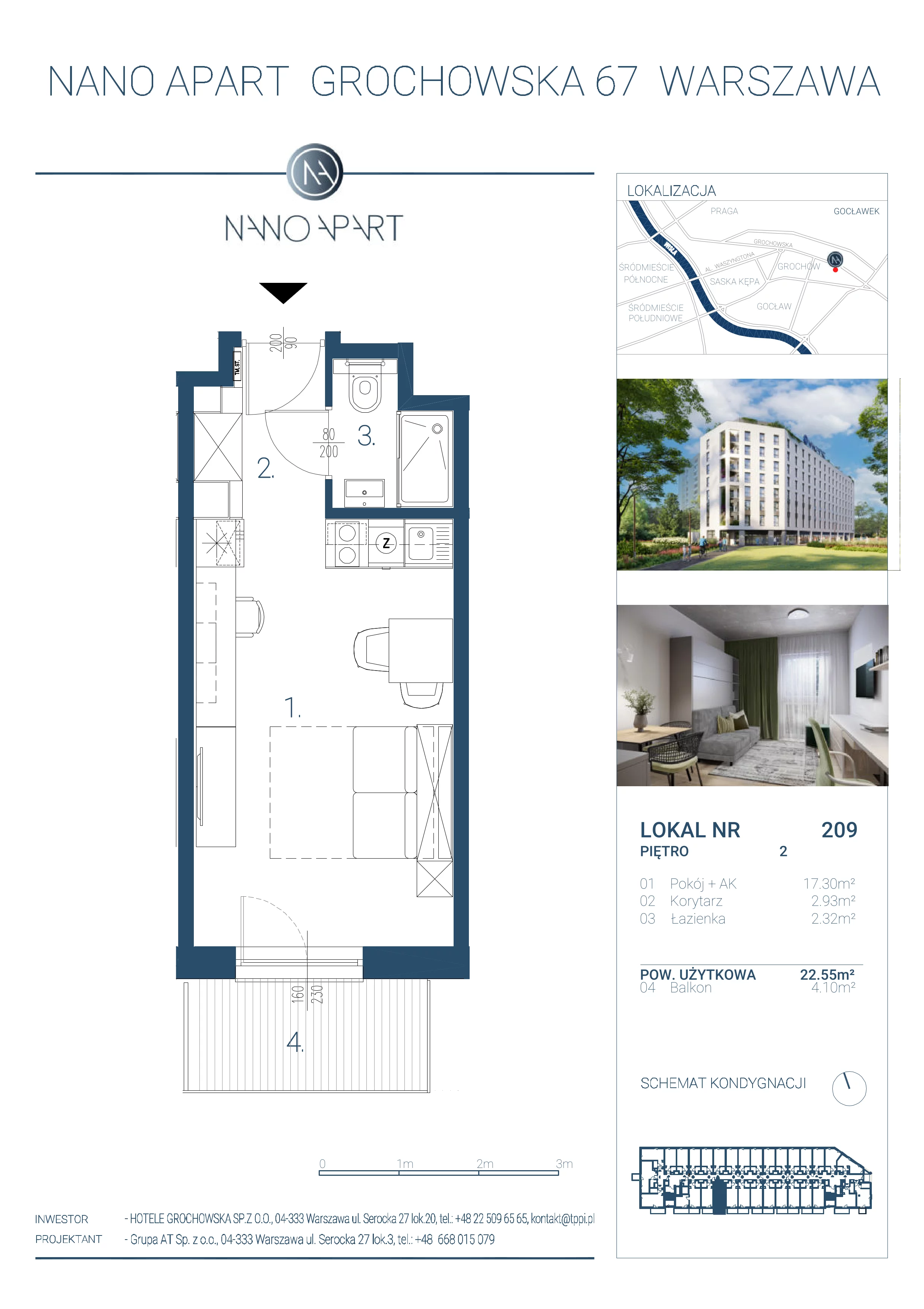1 pokój, apartament 22,55 m², piętro 2, oferta nr 209, Nano Apart, Warszawa, Praga Południe, Gocławek, ul. Grochowska 63