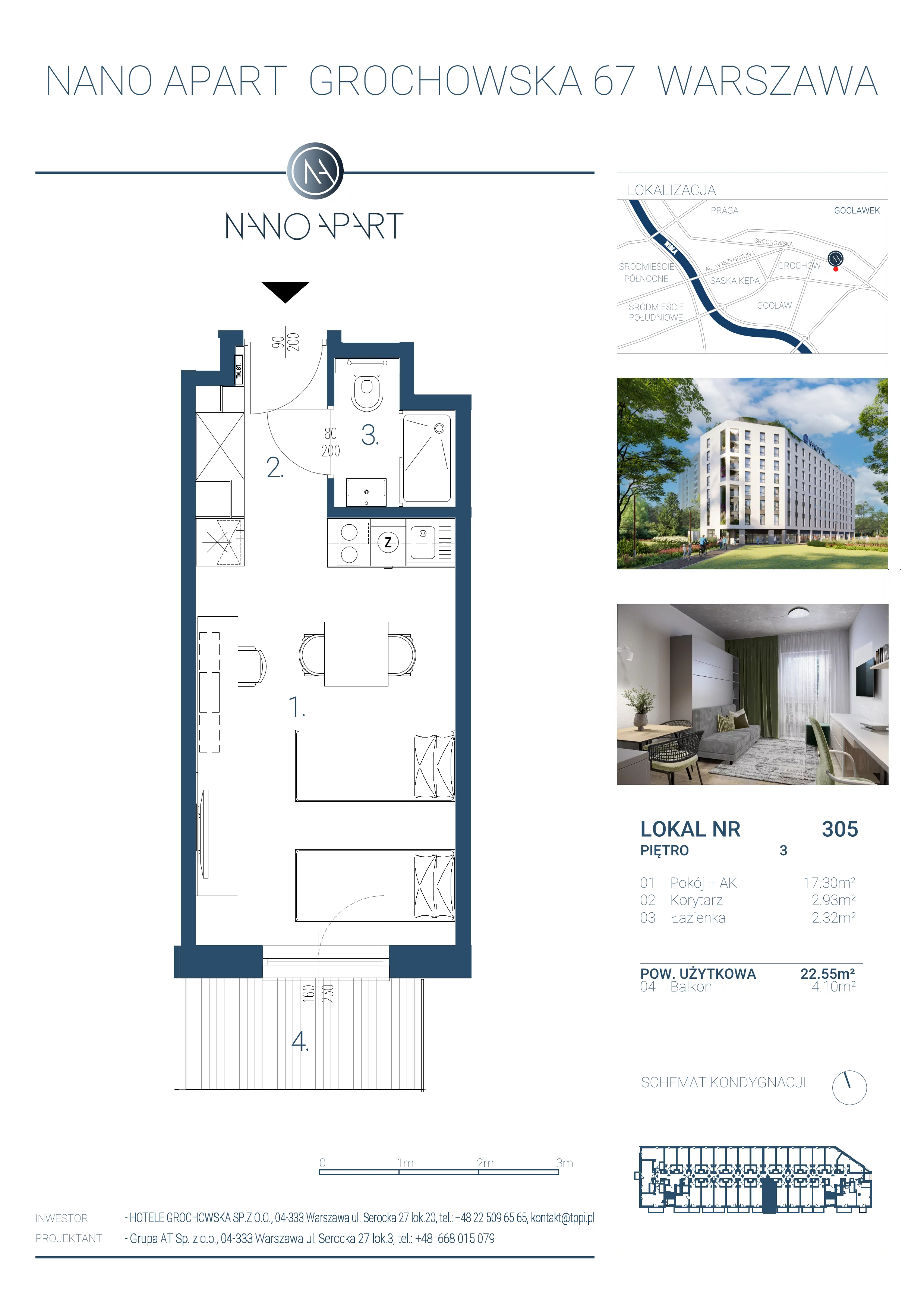 1 pokój, apartament 22,55 m², piętro 3, oferta nr 305, Nano Apart, Warszawa, Praga Południe, Gocławek, ul. Grochowska 63