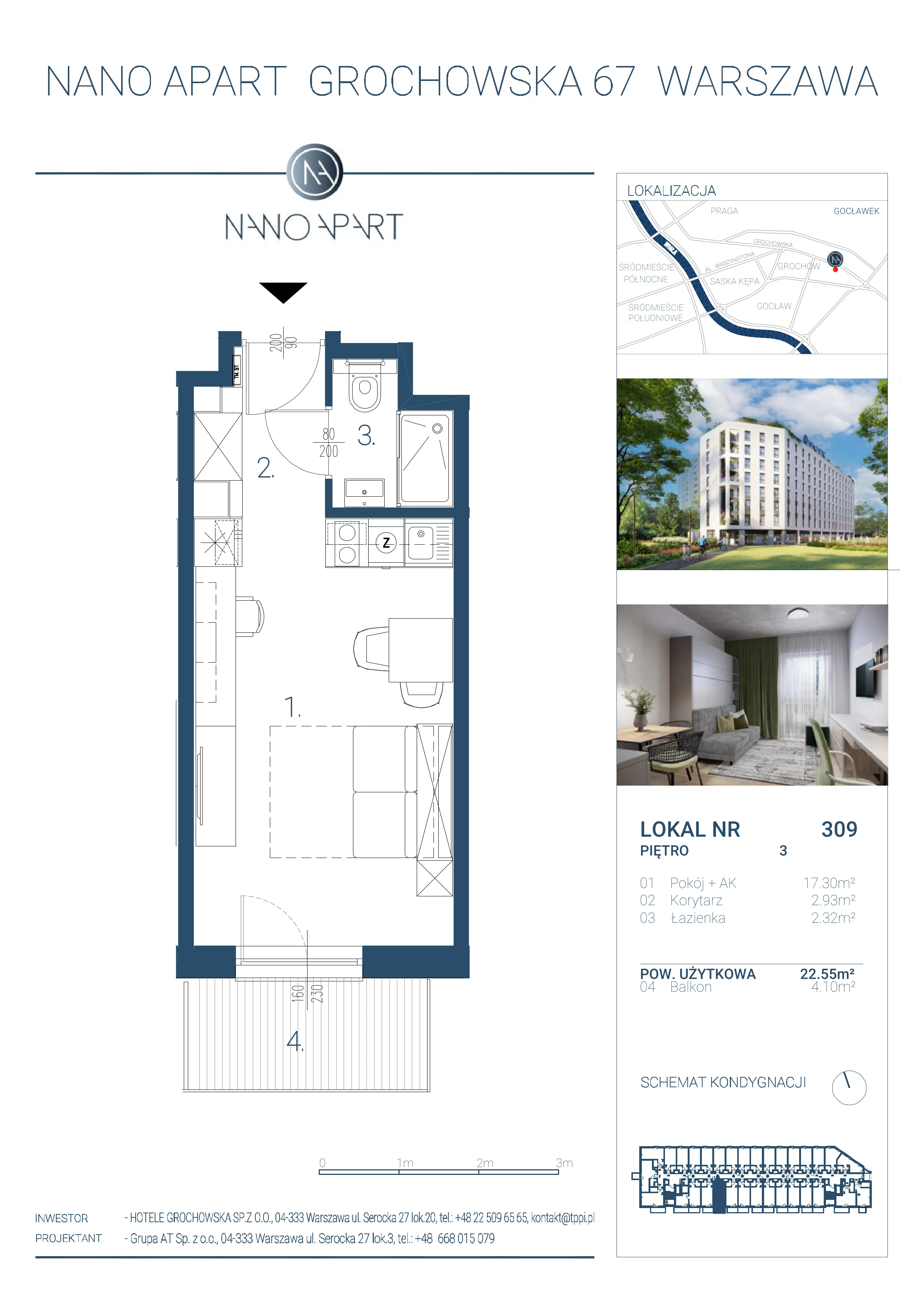1 pokój, apartament 22,55 m², piętro 3, oferta nr 309, Nano Apart, Warszawa, Praga Południe, Gocławek, ul. Grochowska 63