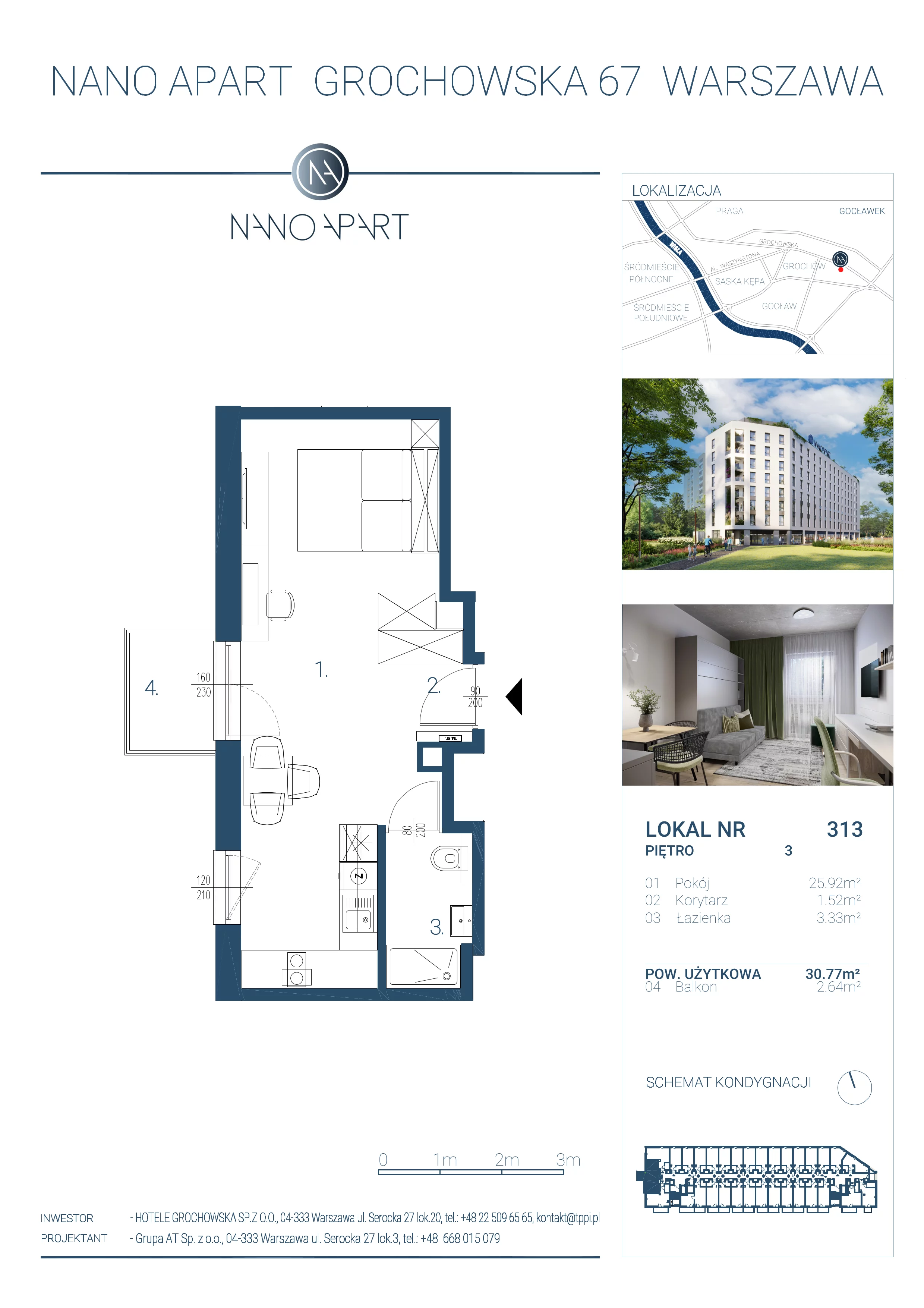 1 pokój, apartament 30,77 m², piętro 3, oferta nr 313, Nano Apart, Warszawa, Praga Południe, Gocławek, ul. Grochowska 63