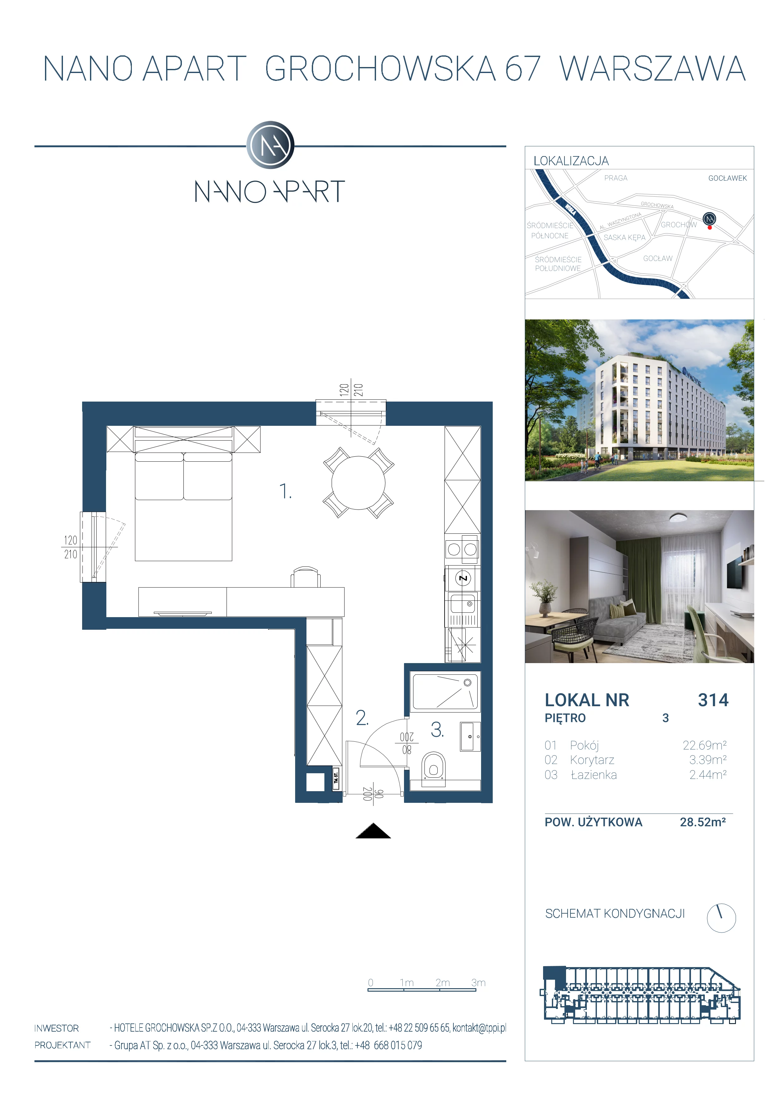 1 pokój, apartament 28,52 m², piętro 3, oferta nr 314, Nano Apart, Warszawa, Praga Południe, Gocławek, ul. Grochowska 63
