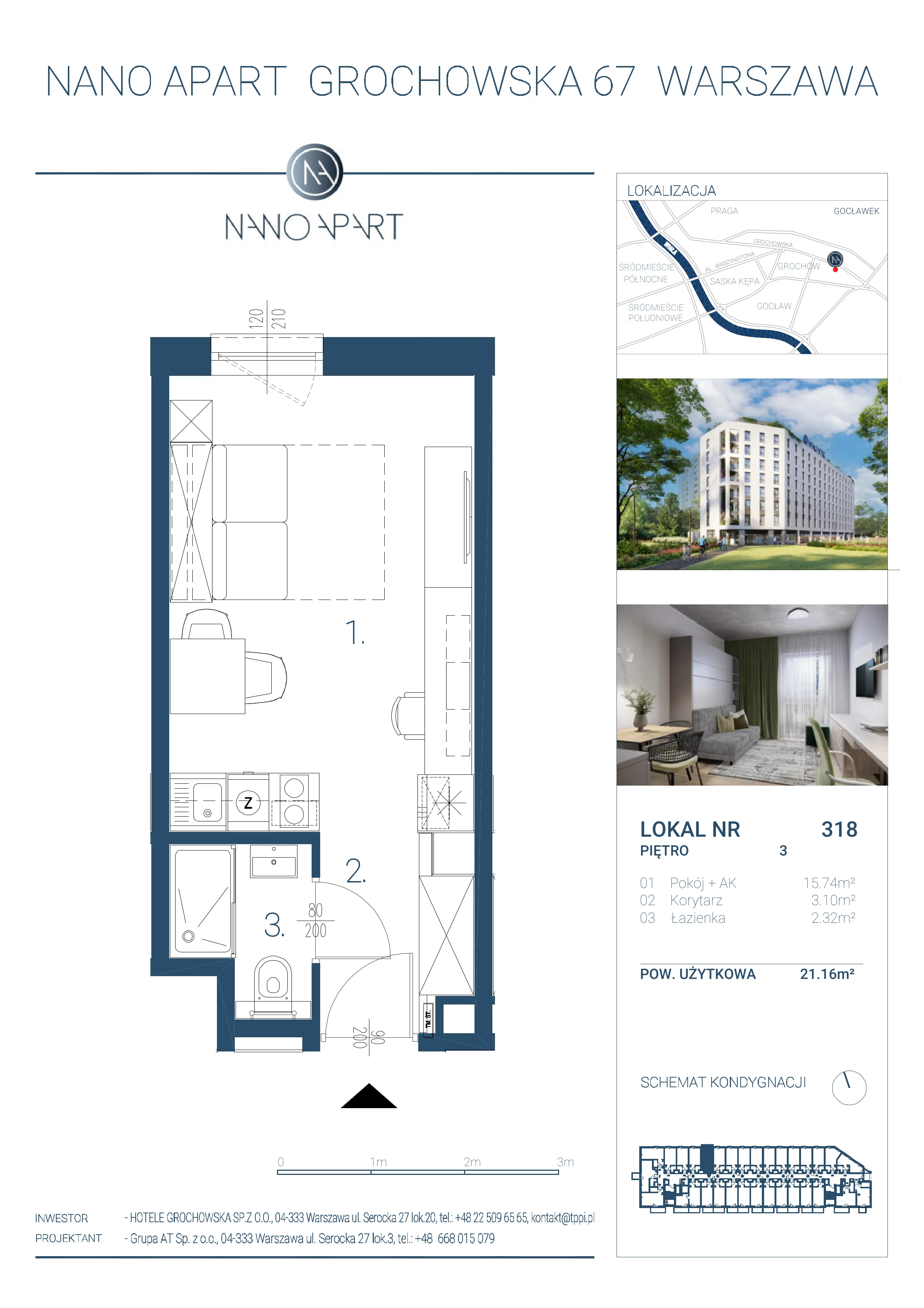 1 pokój, apartament 21,16 m², piętro 3, oferta nr 318, Nano Apart, Warszawa, Praga Południe, Gocławek, ul. Grochowska 63