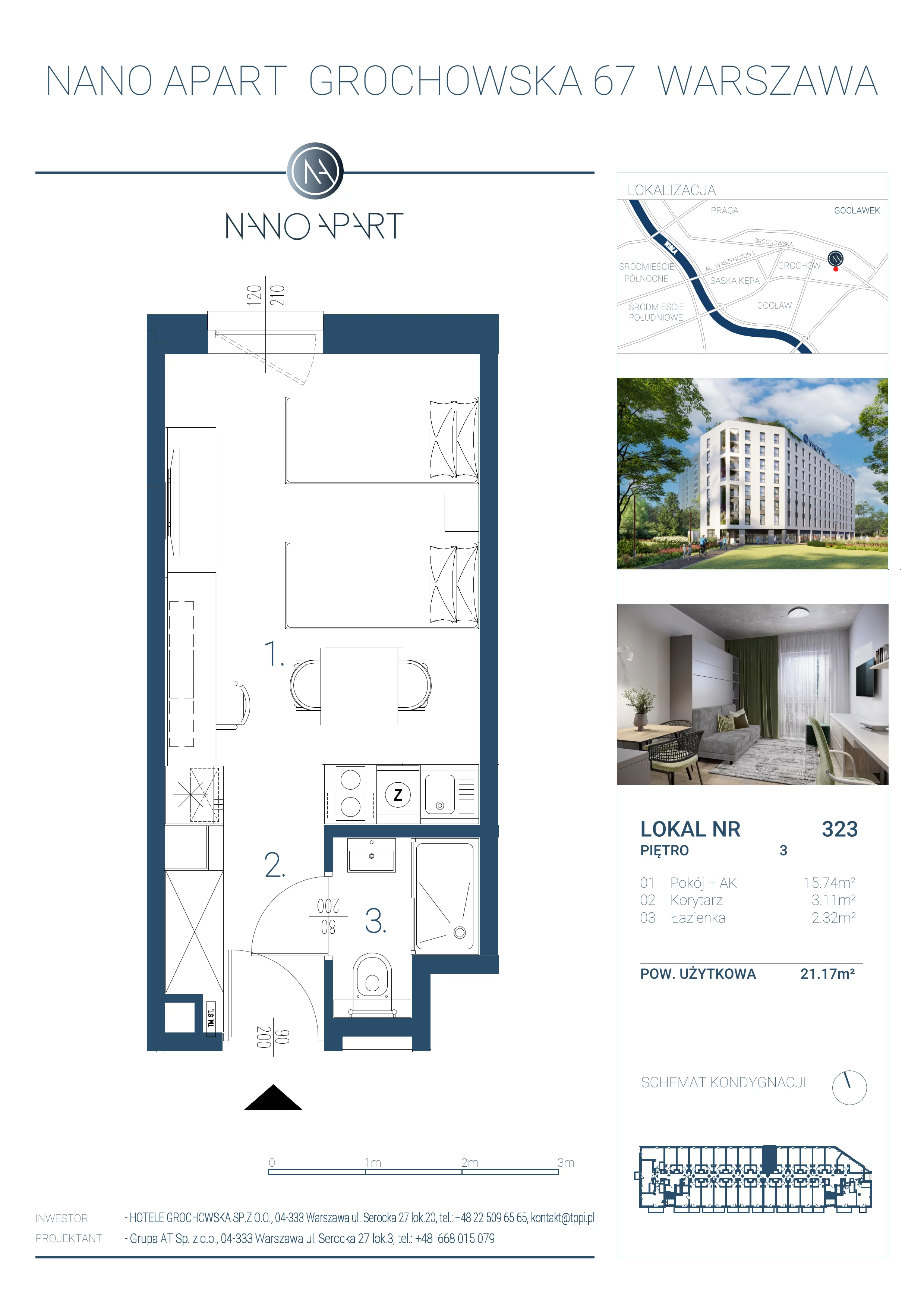 1 pokój, apartament 21,17 m², piętro 3, oferta nr 323, Nano Apart, Warszawa, Praga Południe, Gocławek, ul. Grochowska 63