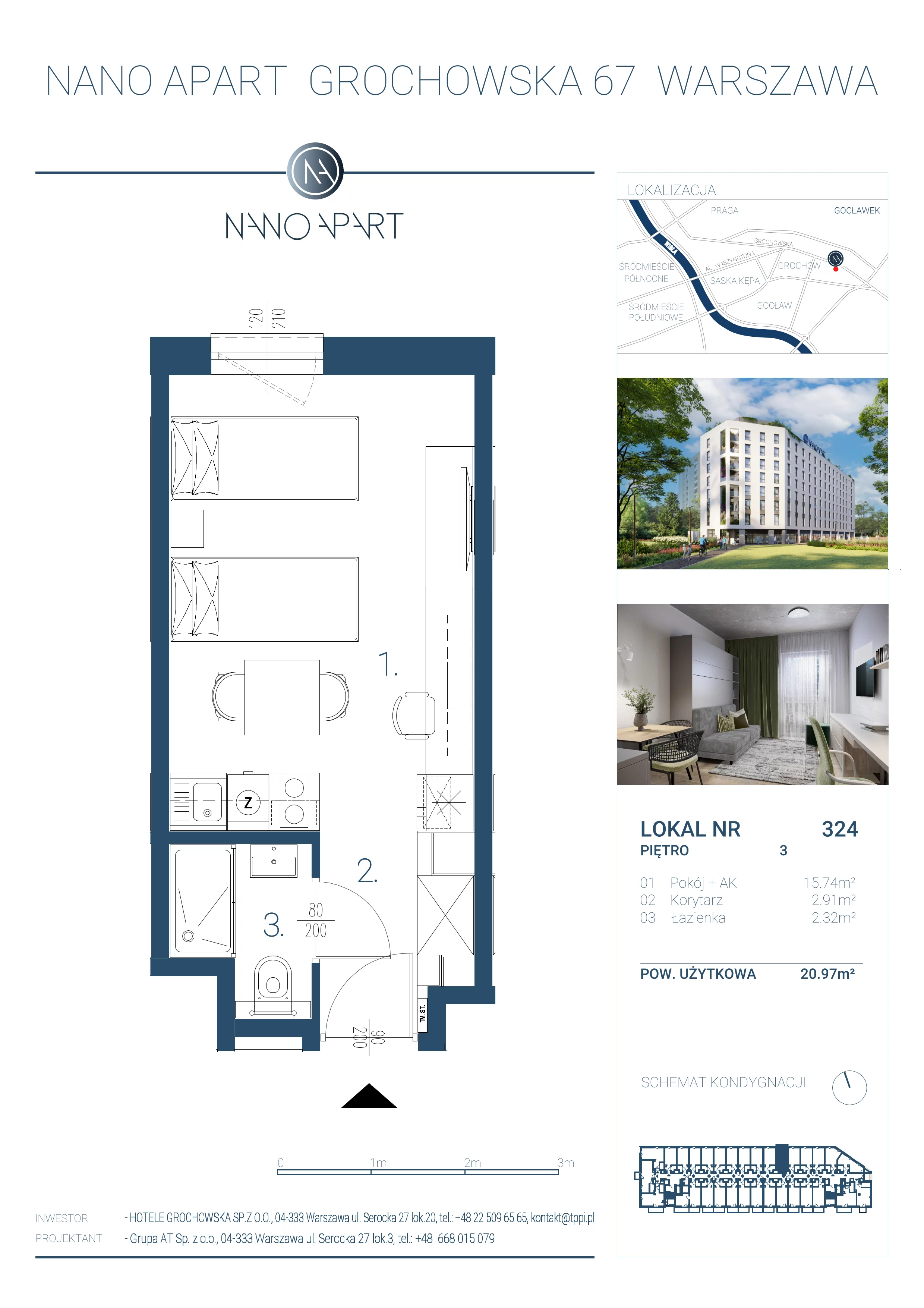 1 pokój, apartament 20,97 m², piętro 3, oferta nr 324, Nano Apart, Warszawa, Praga Południe, Gocławek, ul. Grochowska 63