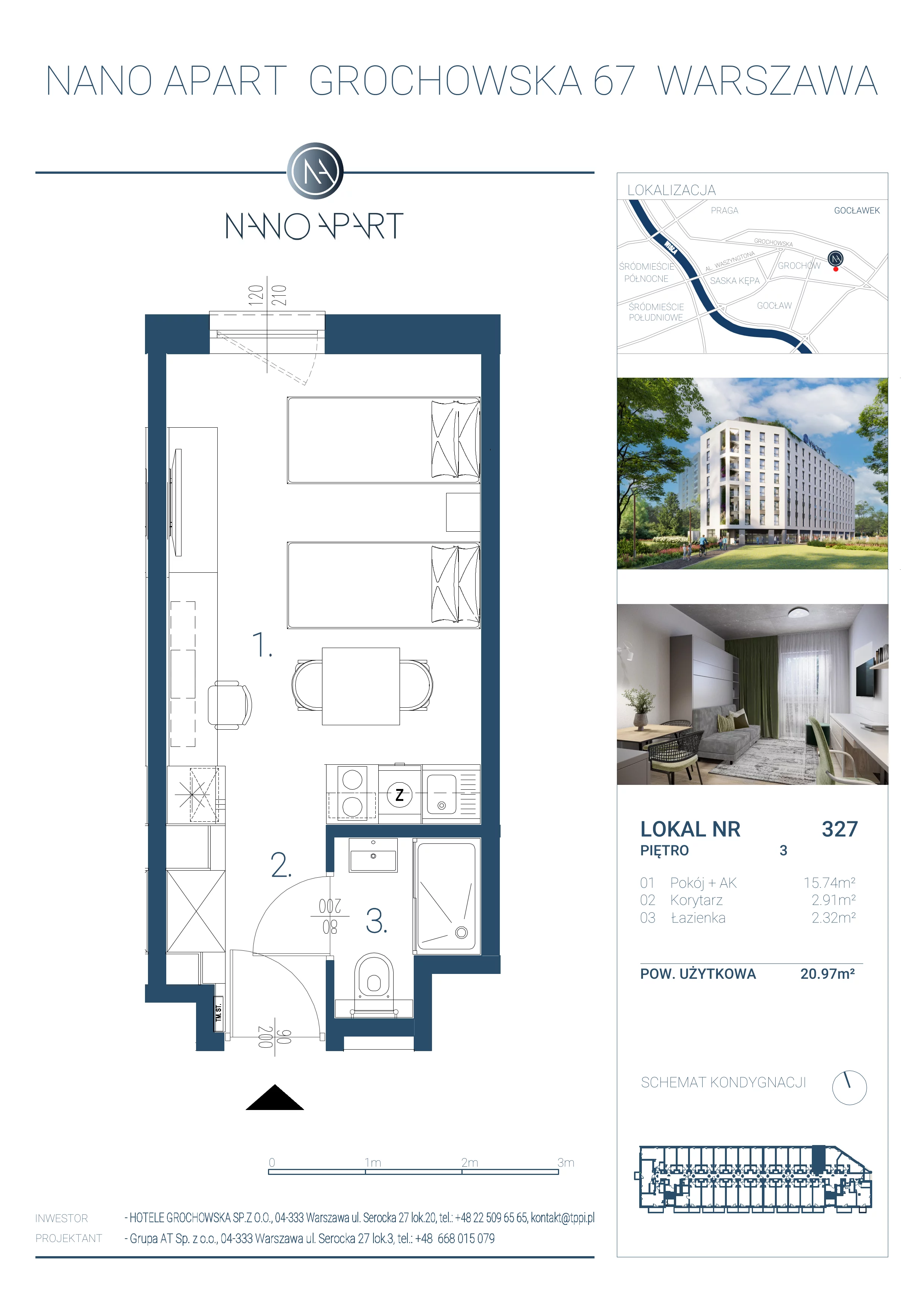 1 pokój, apartament 20,97 m², piętro 3, oferta nr 327, Nano Apart, Warszawa, Praga Południe, Gocławek, ul. Grochowska 63