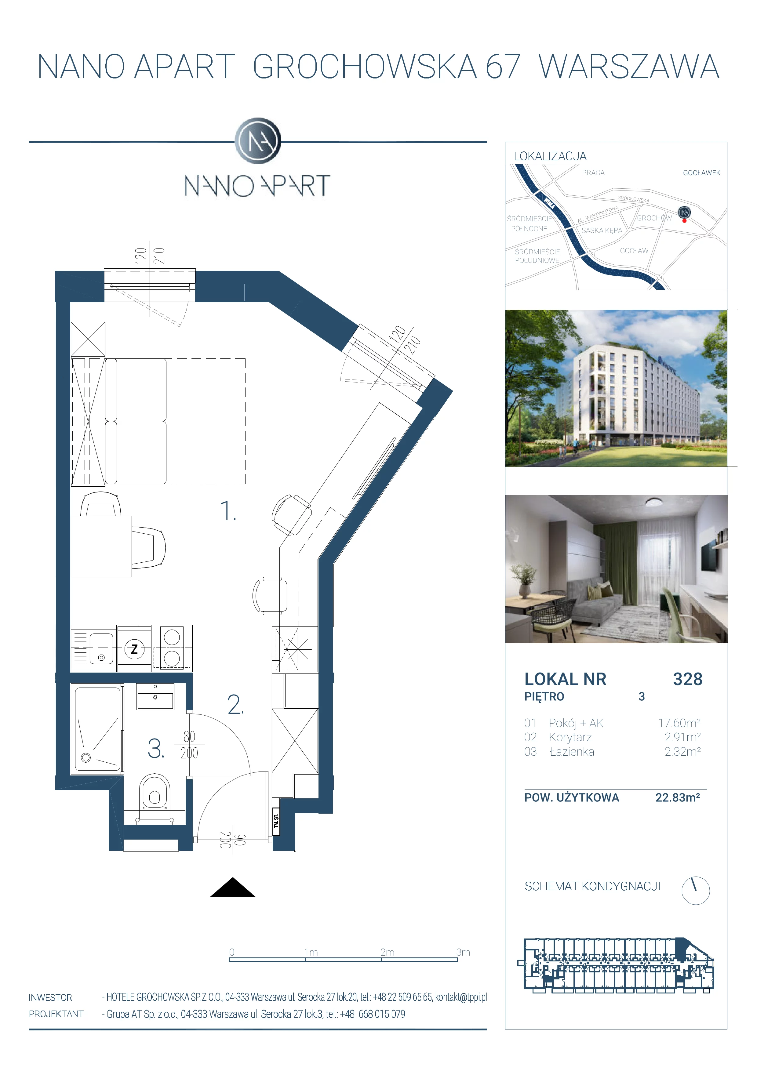 1 pokój, apartament 22,83 m², piętro 3, oferta nr 328, Nano Apart, Warszawa, Praga Południe, Gocławek, ul. Grochowska 63