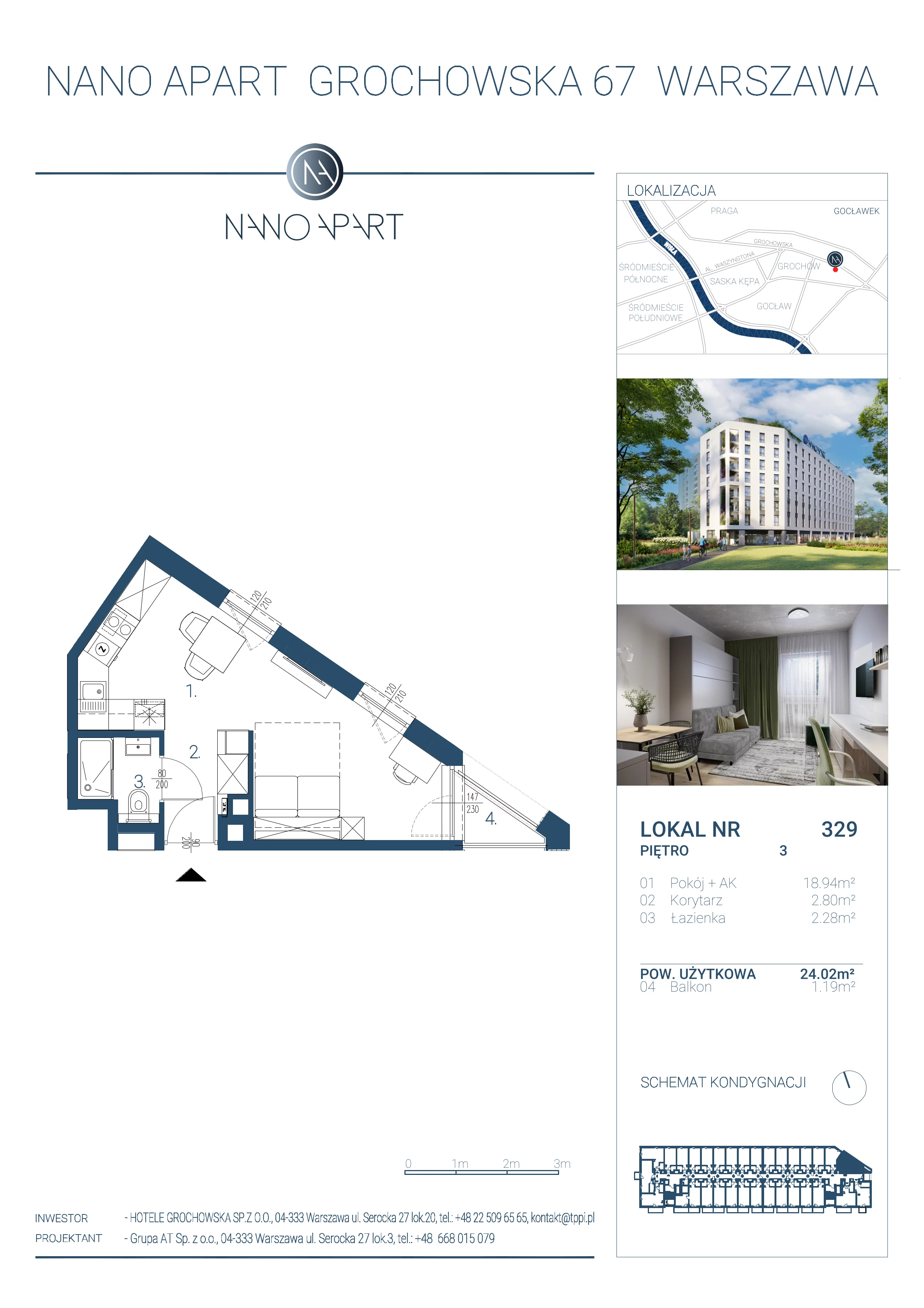 1 pokój, apartament 24,02 m², piętro 3, oferta nr 329, Nano Apart, Warszawa, Praga Południe, Gocławek, ul. Grochowska 63