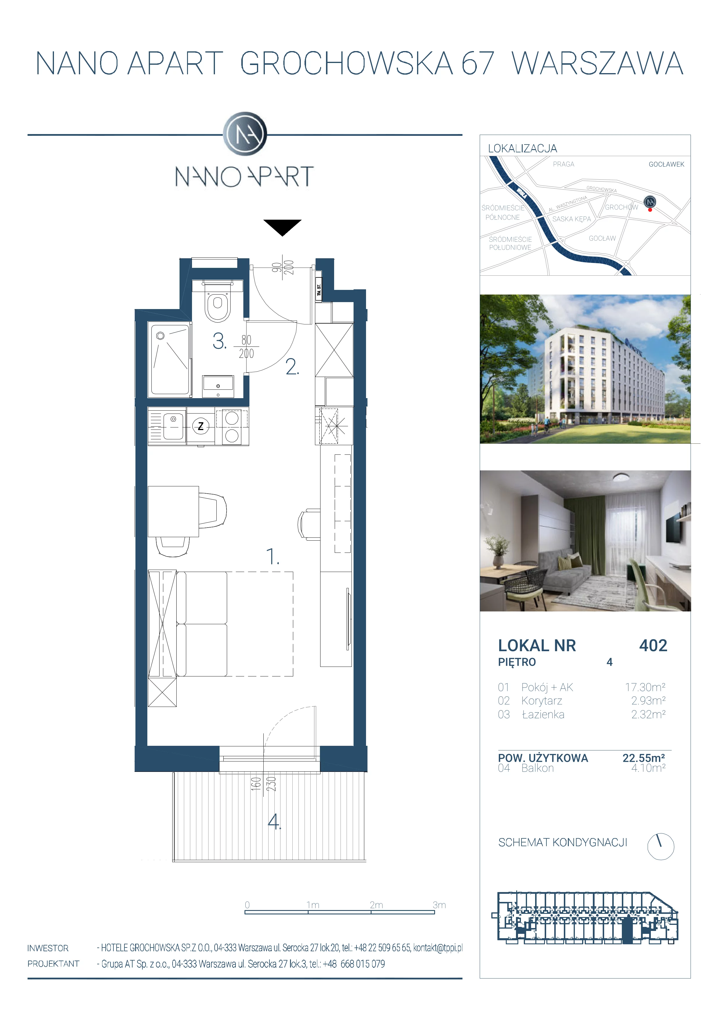 1 pokój, apartament 22,55 m², piętro 4, oferta nr 402, Nano Apart, Warszawa, Praga Południe, Gocławek, ul. Grochowska 63