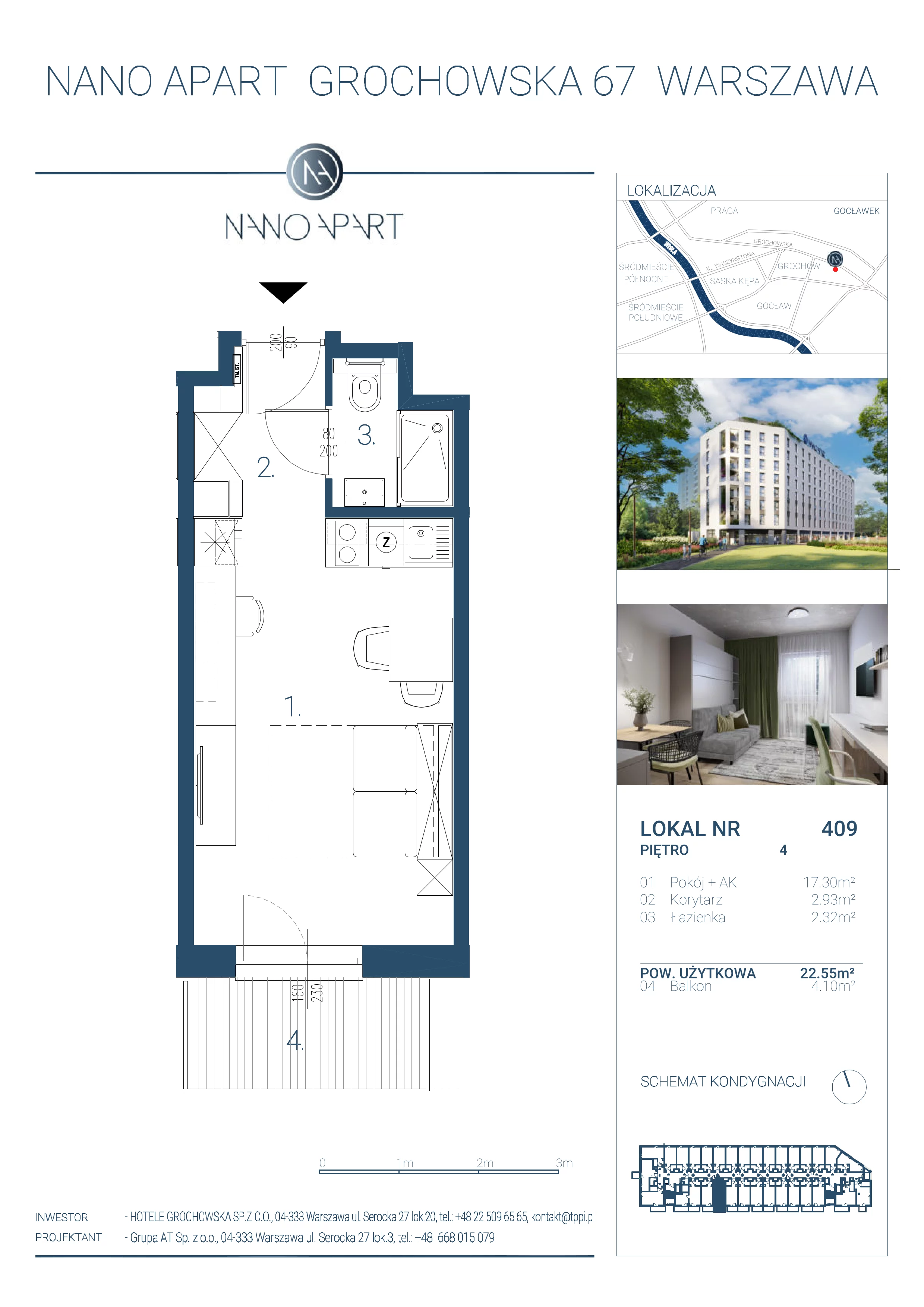 1 pokój, apartament 22,55 m², piętro 4, oferta nr 409, Nano Apart, Warszawa, Praga Południe, Gocławek, ul. Grochowska 63