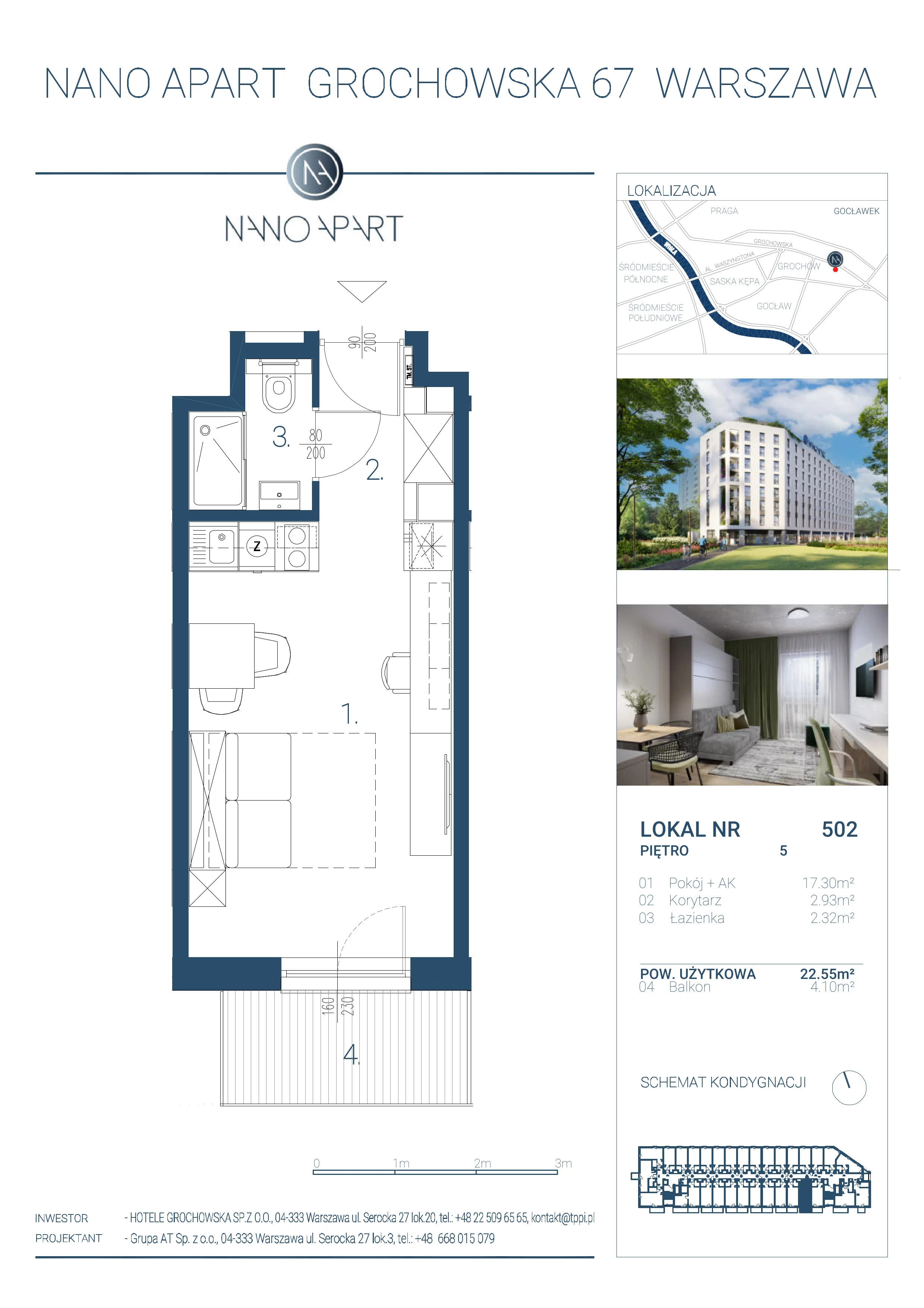 1 pokój, apartament 22,55 m², piętro 5, oferta nr 502, Nano Apart, Warszawa, Praga Południe, Gocławek, ul. Grochowska 63