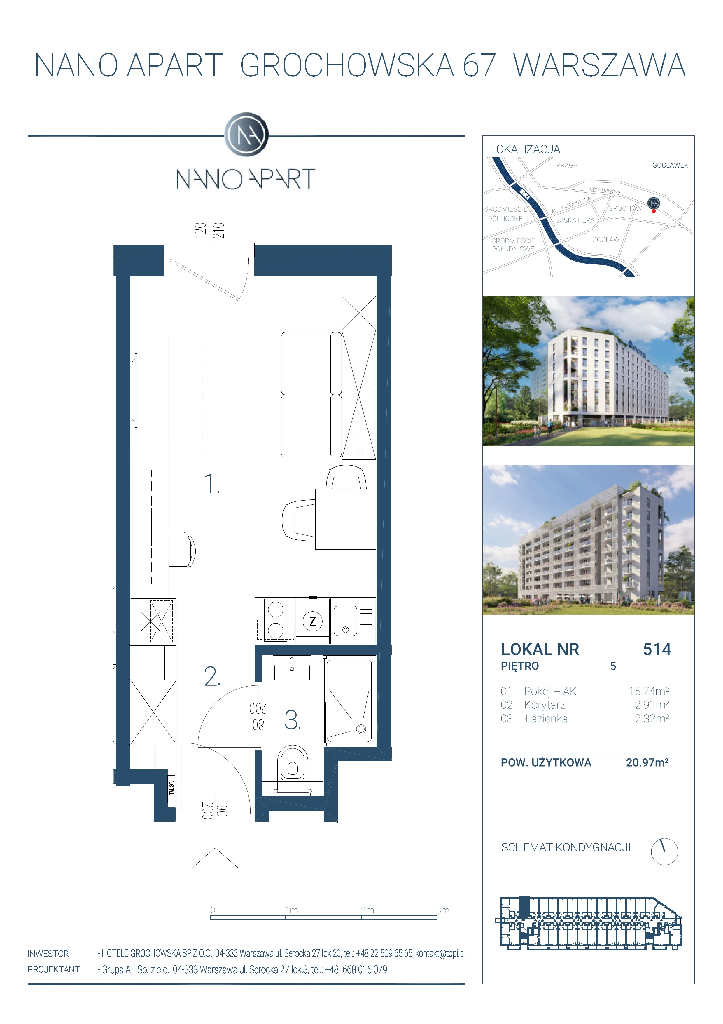 1 pokój, apartament 20,97 m², piętro 5, oferta nr 514, Nano Apart, Warszawa, Praga Południe, Gocławek, ul. Grochowska 63