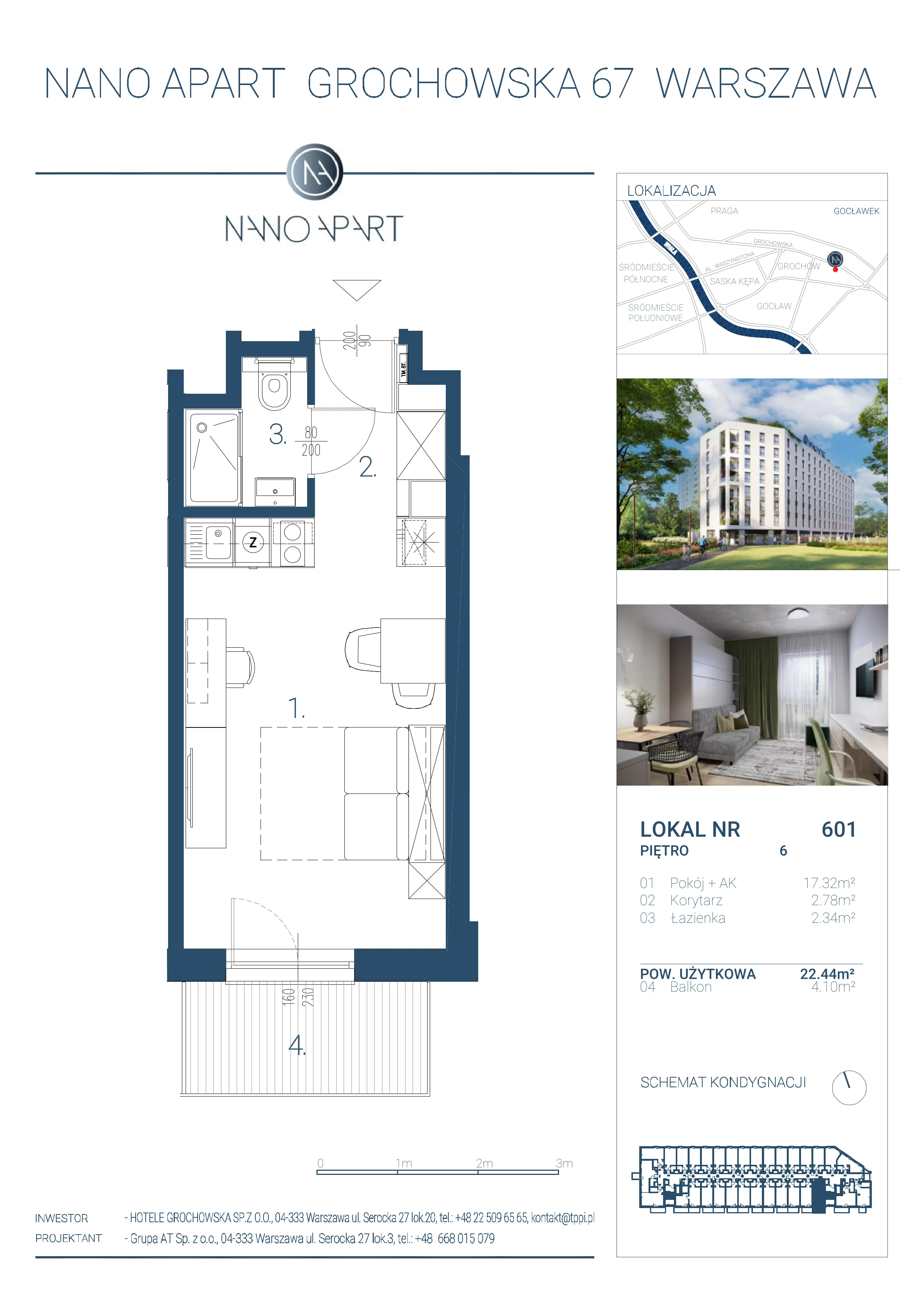 1 pokój, apartament 22,44 m², piętro 6, oferta nr 601, Nano Apart, Warszawa, Praga Południe, Gocławek, ul. Grochowska 63