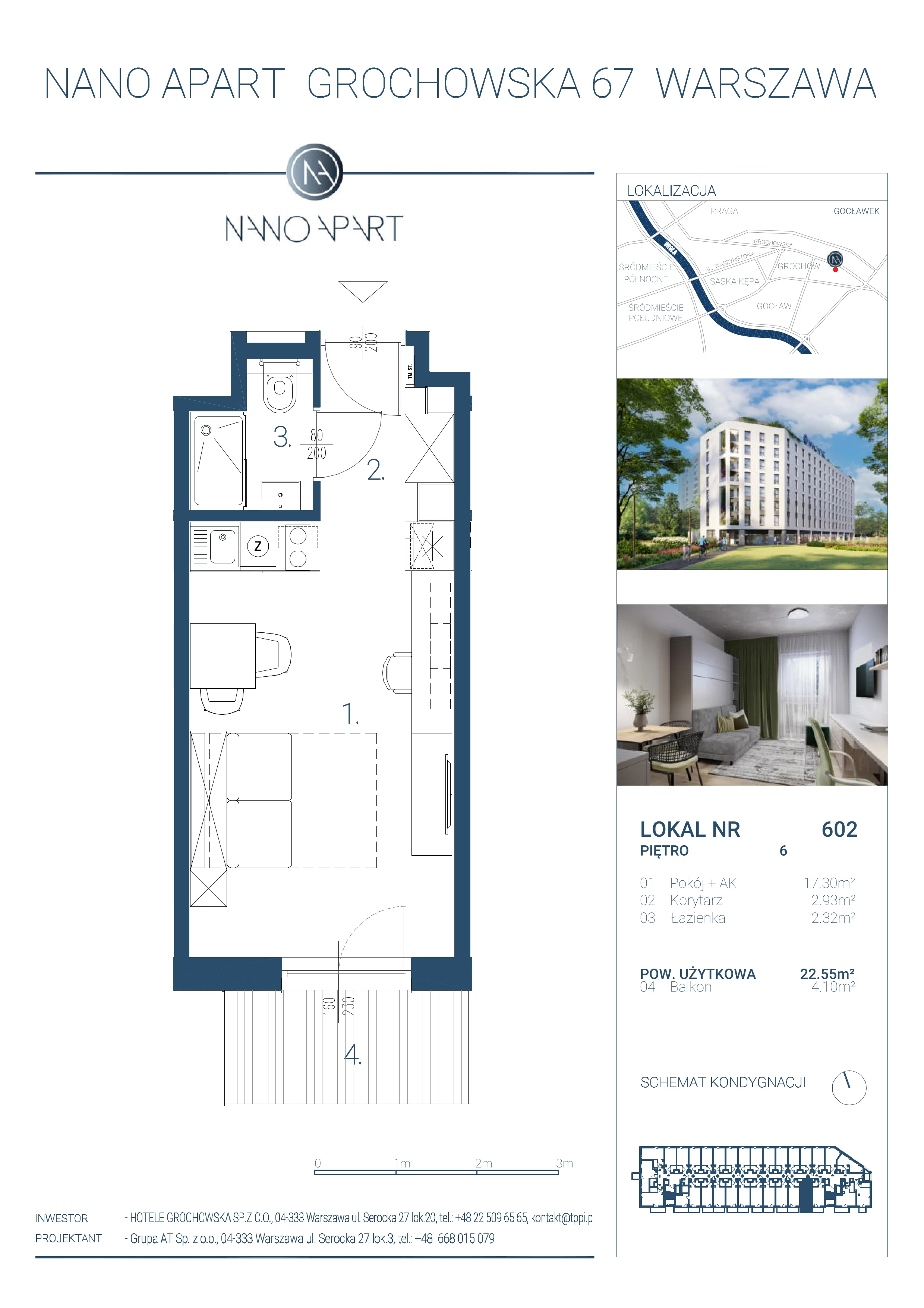 1 pokój, apartament 22,55 m², piętro 6, oferta nr 602, Nano Apart, Warszawa, Praga Południe, Gocławek, ul. Grochowska 63