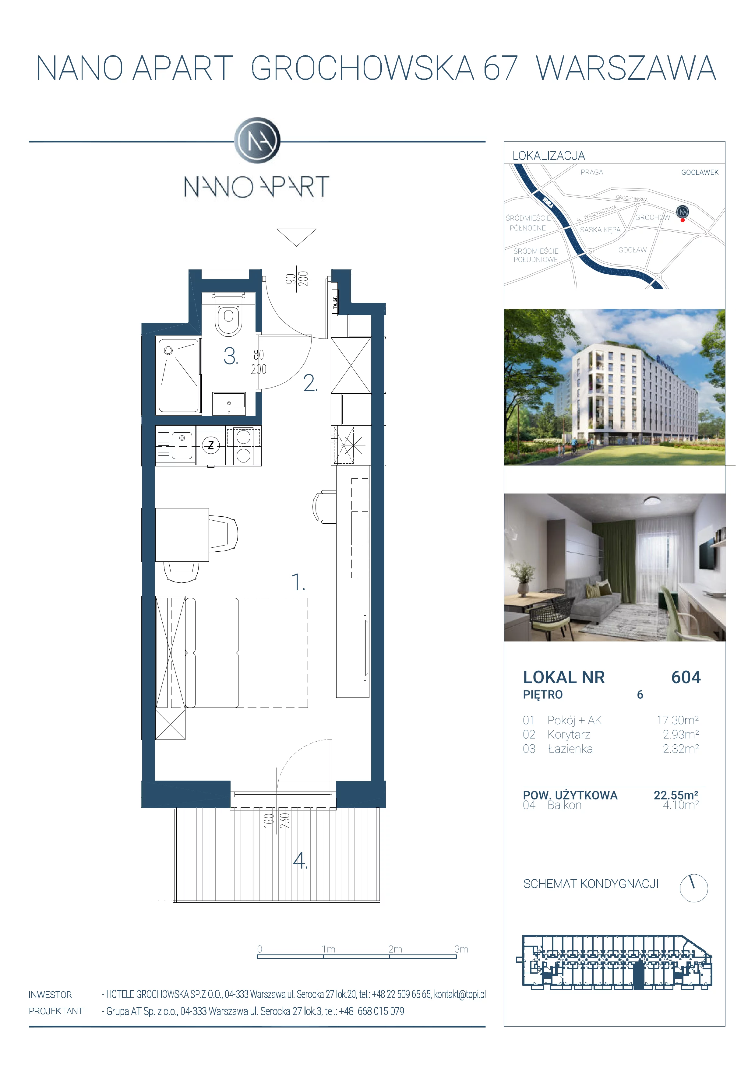 1 pokój, apartament 22,55 m², piętro 6, oferta nr 604, Nano Apart, Warszawa, Praga Południe, Gocławek, ul. Grochowska 63