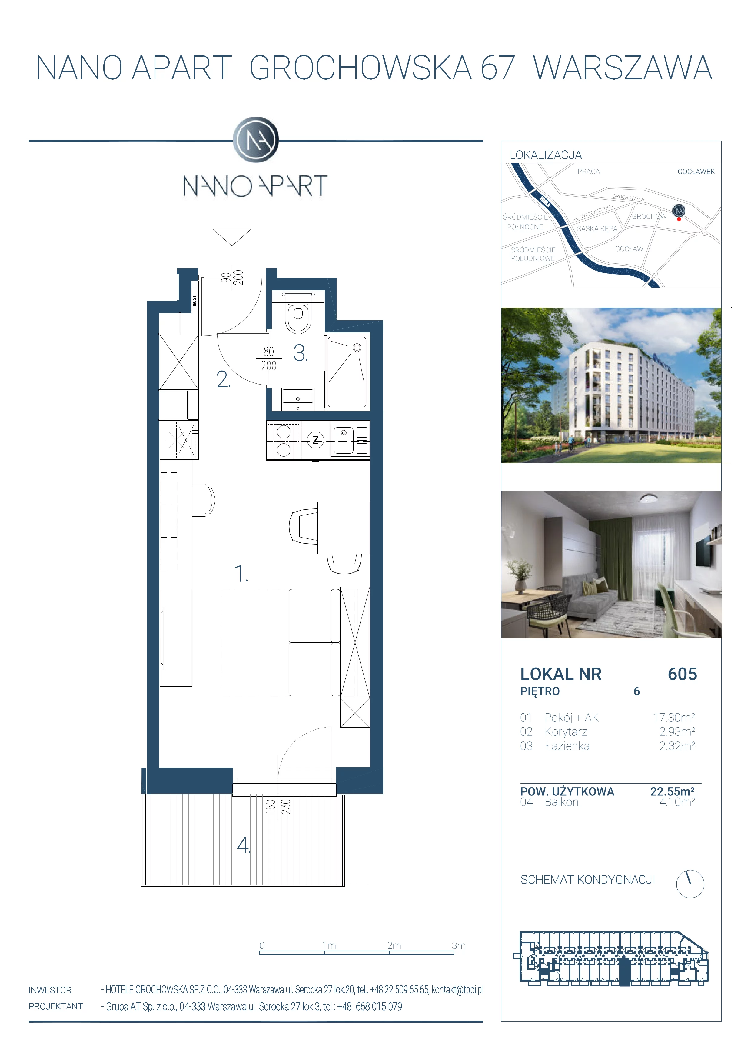 1 pokój, apartament 22,55 m², piętro 6, oferta nr 605, Nano Apart, Warszawa, Praga Południe, Gocławek, ul. Grochowska 63